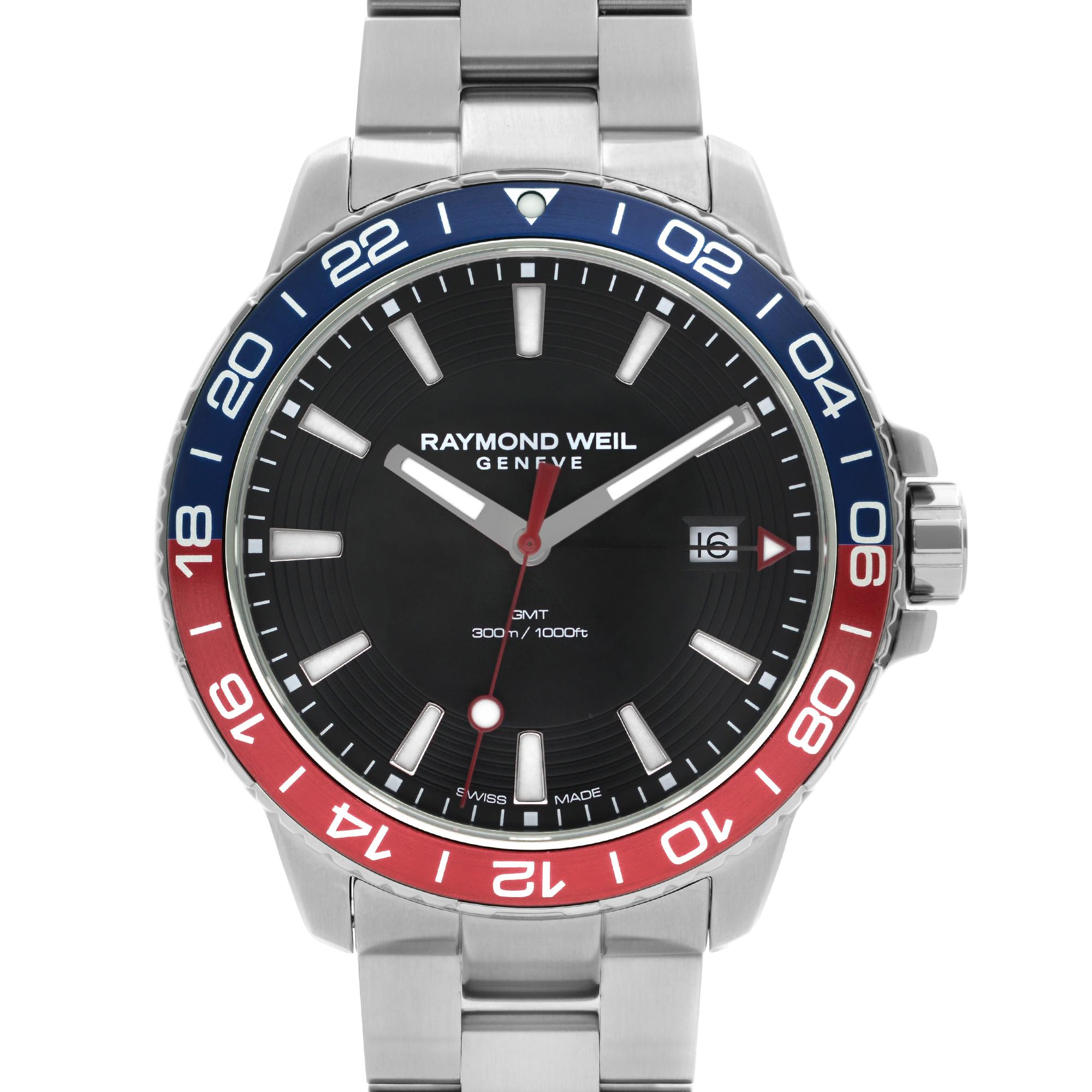 Unworn Raymond Weil Tango Steel Pepsi Black Dial Quartz Men's Watch. This Beautiful Timepiece Features: Stainless Steel Case and Bracelet, Rotating Blue and Red (Pepsi) Stainless Steel and Aluminum Bezel, Black Dial with Luminous Silver-Tone Hands,