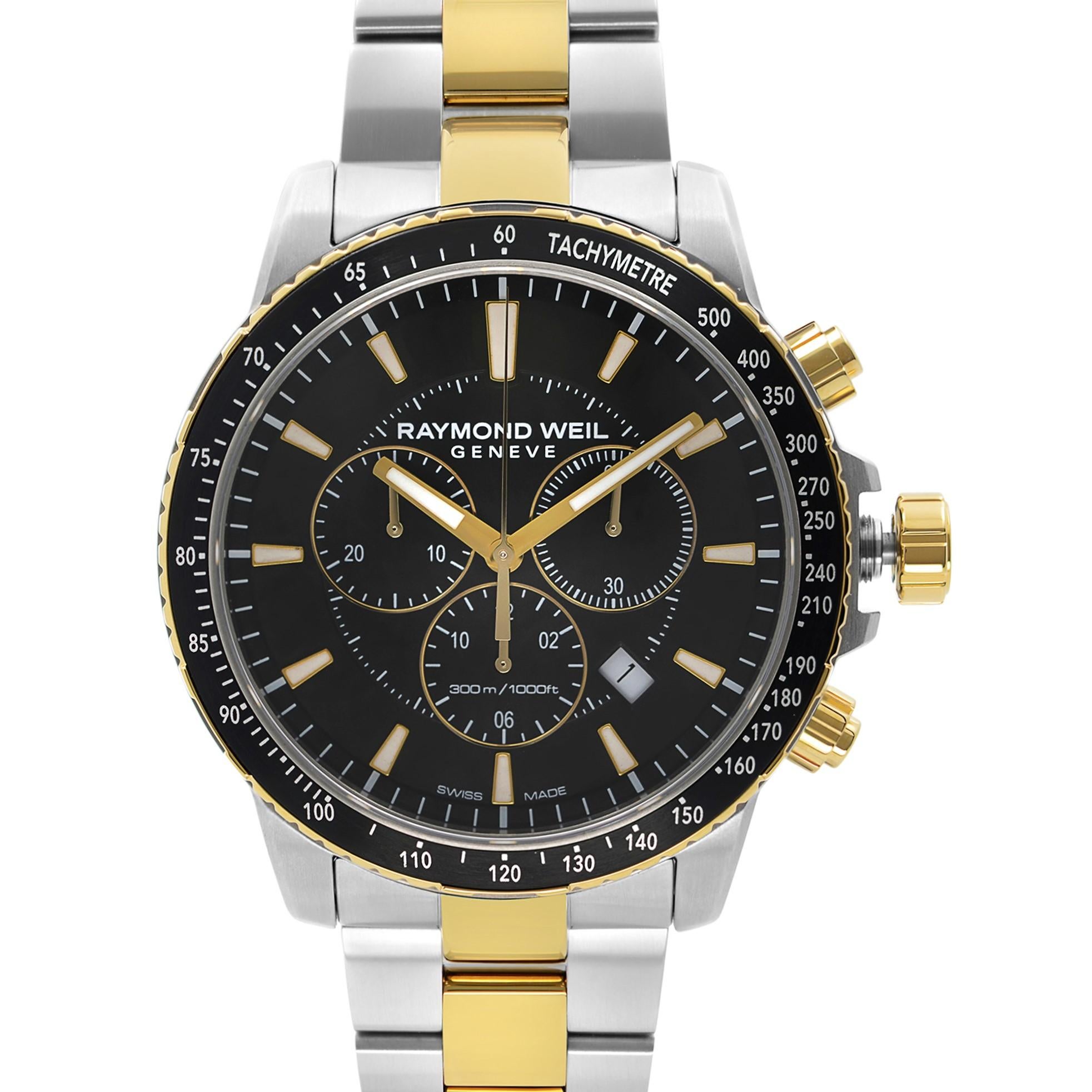New with Defects Raymond Weil Tango Two-Tone Steel Black Dial Quartz Men's Watch. The Band Has Minor Blemishes on the Gold PVD Links and the Bezel Insert Shows Insignificant Dents at the Edge Due to Store Handling. This Beautiful Timepiece Features: