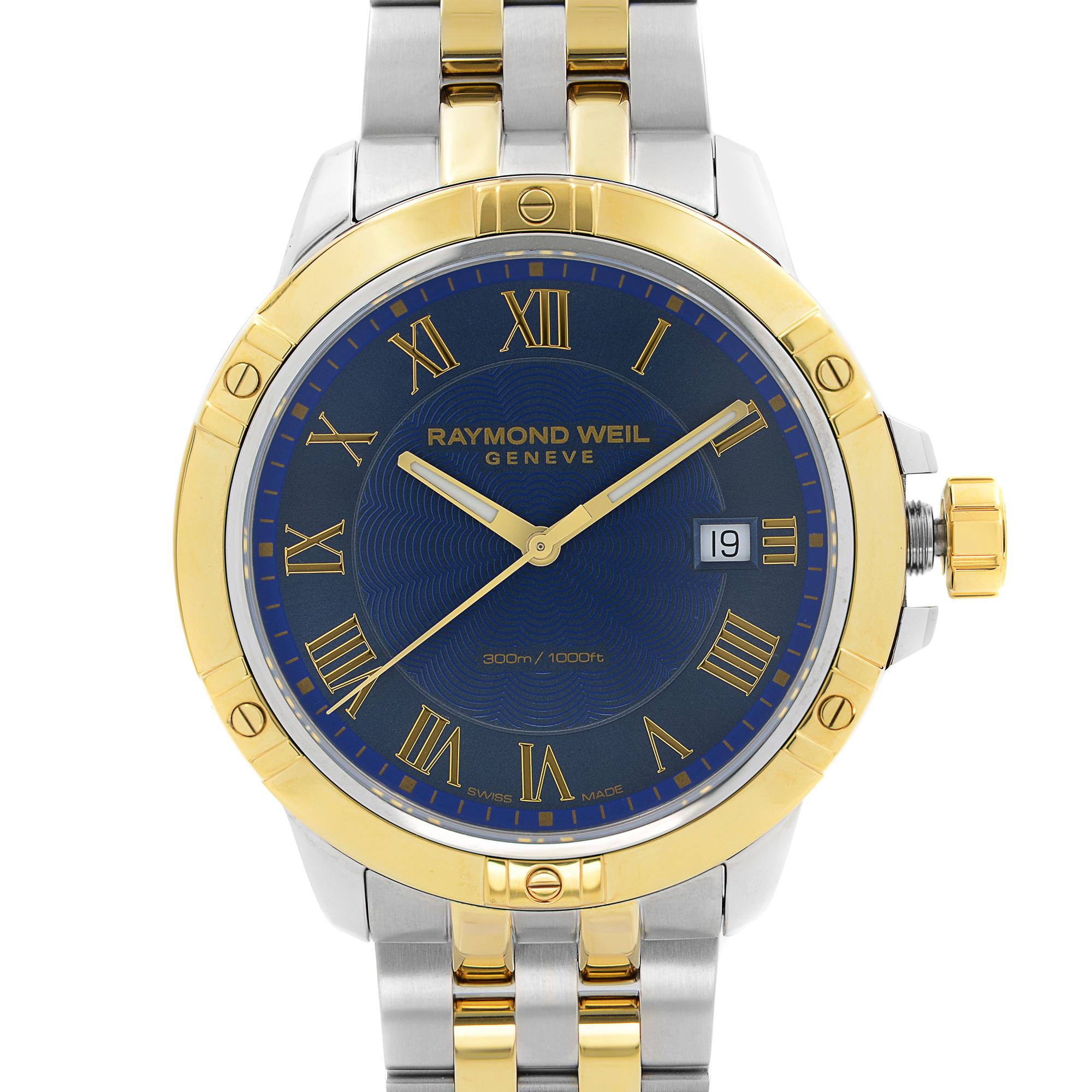 Store Display Model Can have minor blemishes on gold tone parts. Raymond Weil Tango Two-Tone Steel Blue Dial Quartz Men's Watch 8160-STP-00508. This Beautiful Timepiece Features: Stainless Steel Case with a Two-Tone (Silver and Yellow Gold-Tone)