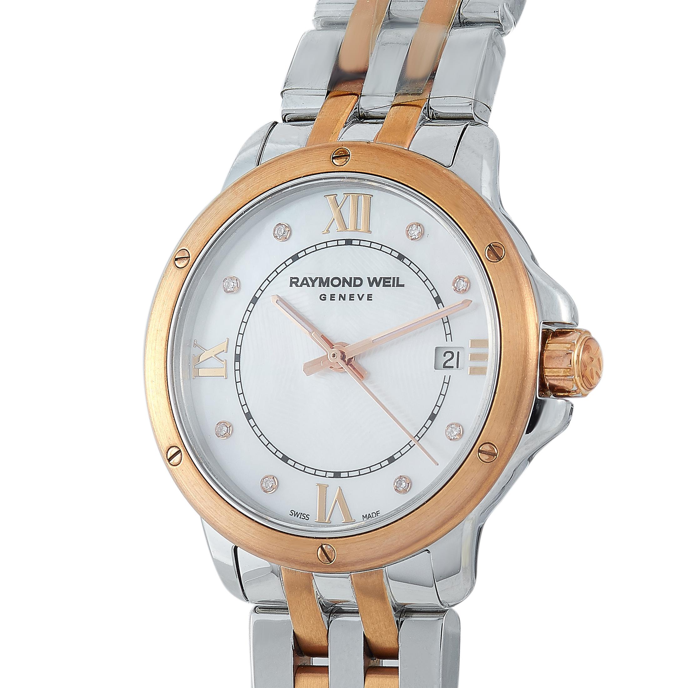 The Raymond Weil Tango, reference number 5391-SP5-00995, is a member of the exquisite “Tango” collection.

The watch is presented with a 28 mm stainless steel case that boasts a rose gold PVD-plated stainless steel bezel. The case is mounted onto a