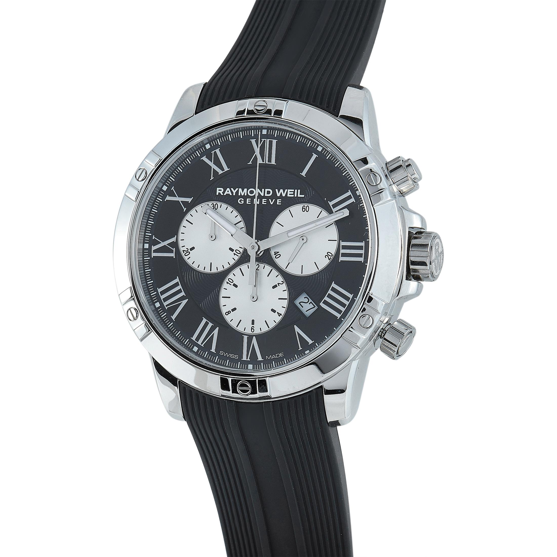 The Raymond Weil Tango, reference number 8560-SR-00206, is a member of the exquisite “Tango” collection.

The watch boasts a 43 mm stainless steel case that is presented on a black rubber strap, secured on the wrist with a stainless steel folding