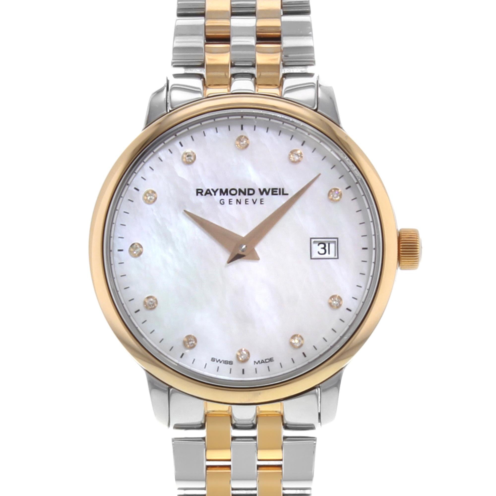 This pre-owned Raymond Weil Toccata 5988-SP5-97081 is a beautiful Ladies timepiece that is powered by a quartz movement which is cased in a stainless steel case. It has a round shape face, date dial and has hand diamonds style markers. It is