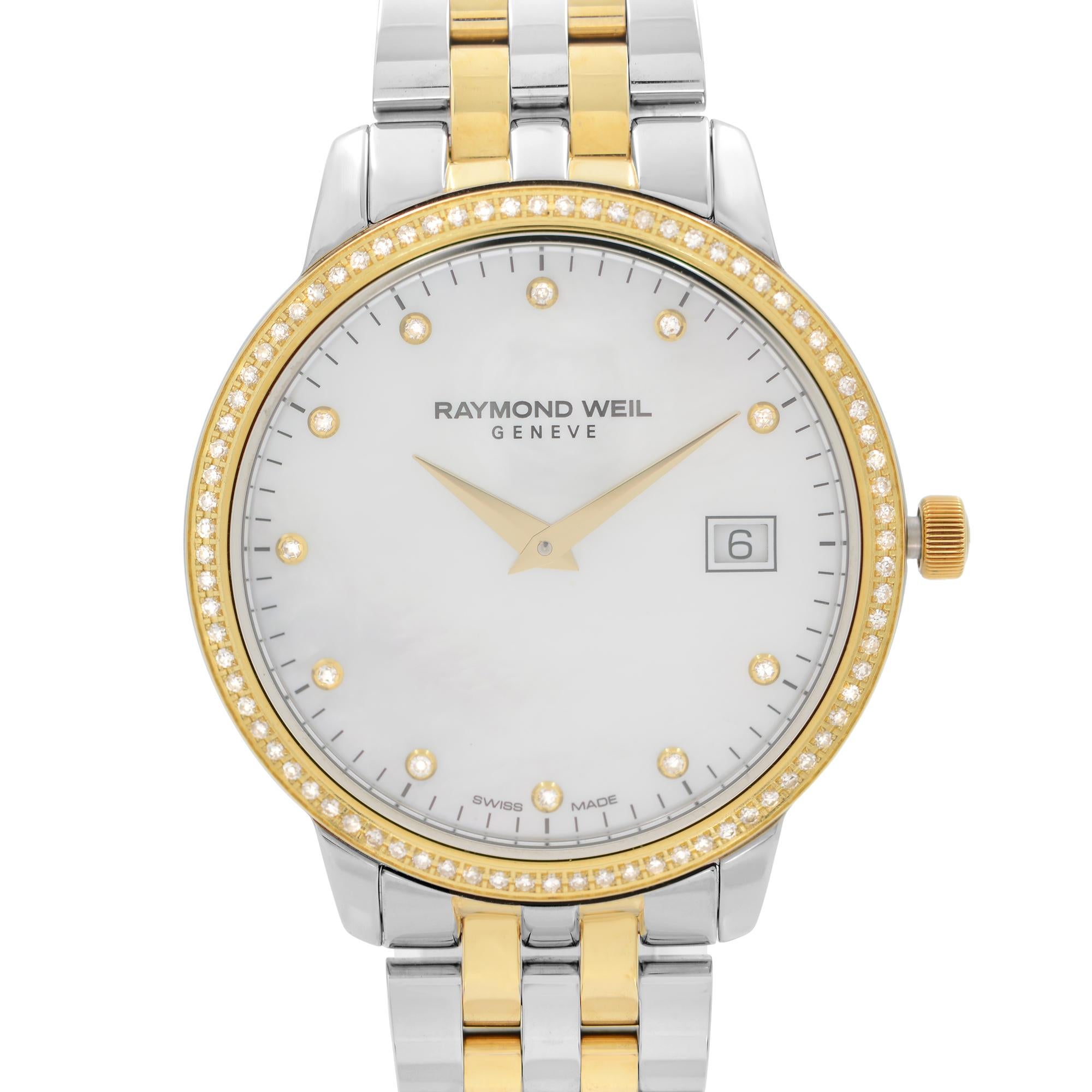 Unworn Raymond Weil Toccata Two-Tone Steel Diamond MOP Dial Ladies Watch. This Beautiful Timepiece Features: Stainless Steel Case with a Two-Tone (Silver and Gold-Plated) Stainless Steel Bracelet, Fixed Gold-Plated Bezel Set with Diamonds,