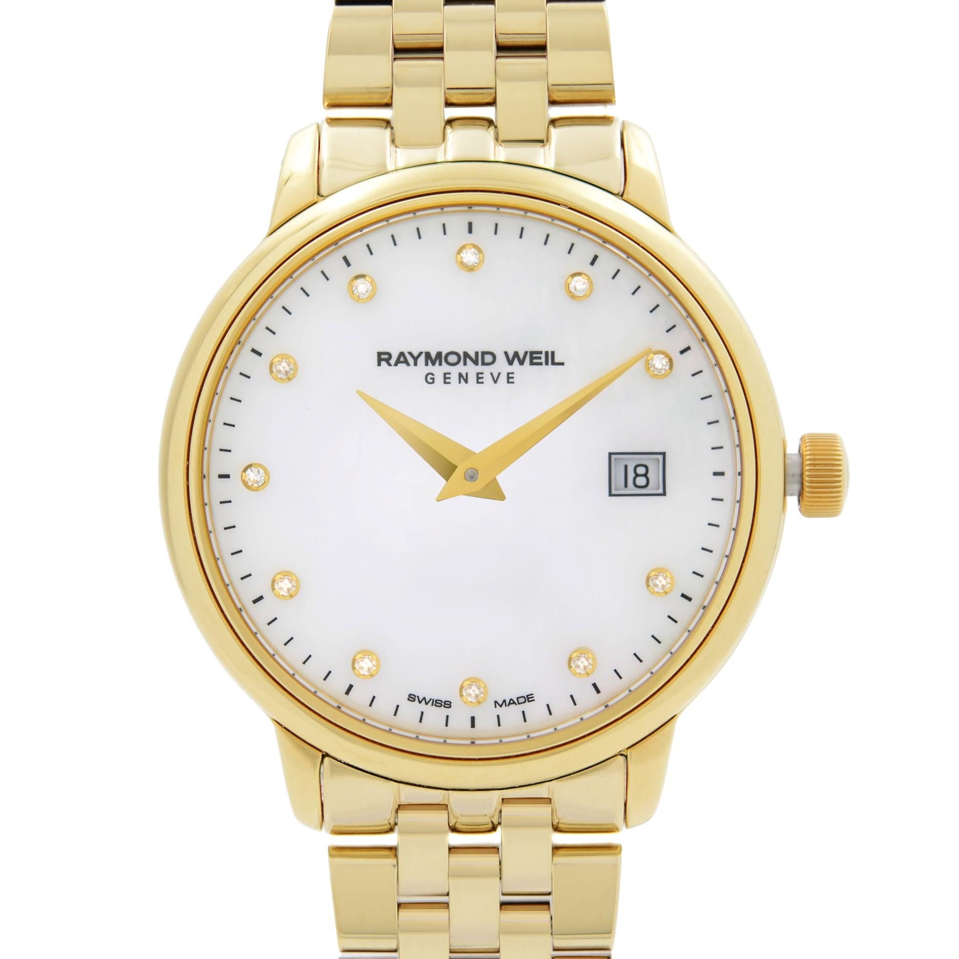 Pre-owned Raymond Weil Toccata 29mm Steel Mother of Pearl Diamond Date Dial Quartz Ladies Dress Watch. The watch has minor scratches. Comes with Chronostore Presentation Box and Authenticity Card. 1-year warranty provided by Chronostore is included.