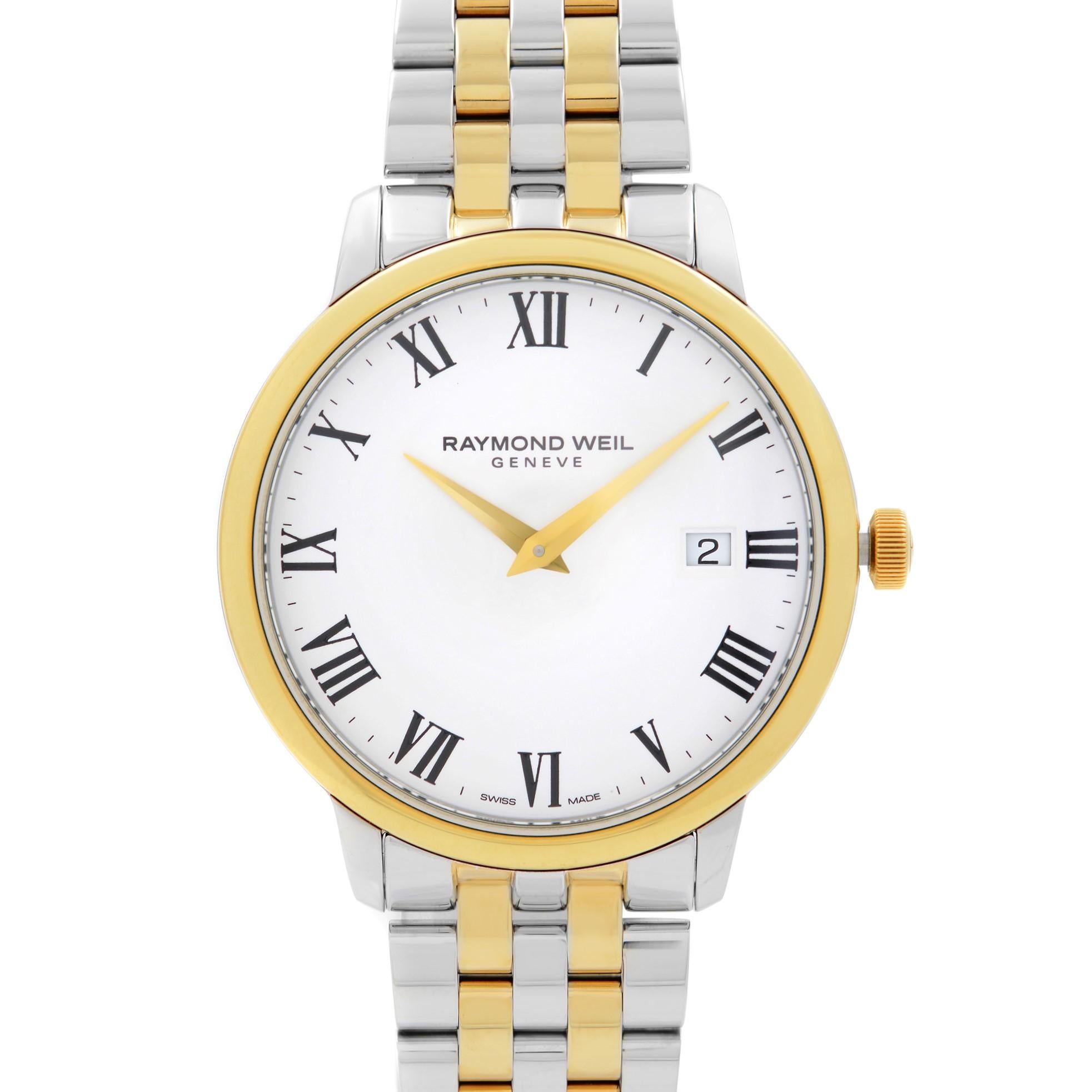 Store Display Model Raymond Weil Toccata Two-Tone Steel White Dial Quartz Men's Watch 5488-STP-00300. This Beautiful Timepiece Features: Stainless Steel Case with a Two-Tone (Silver-Tone and Yellow Gold-Plated) Stainless Steel Bracelet, Fixed Yellow