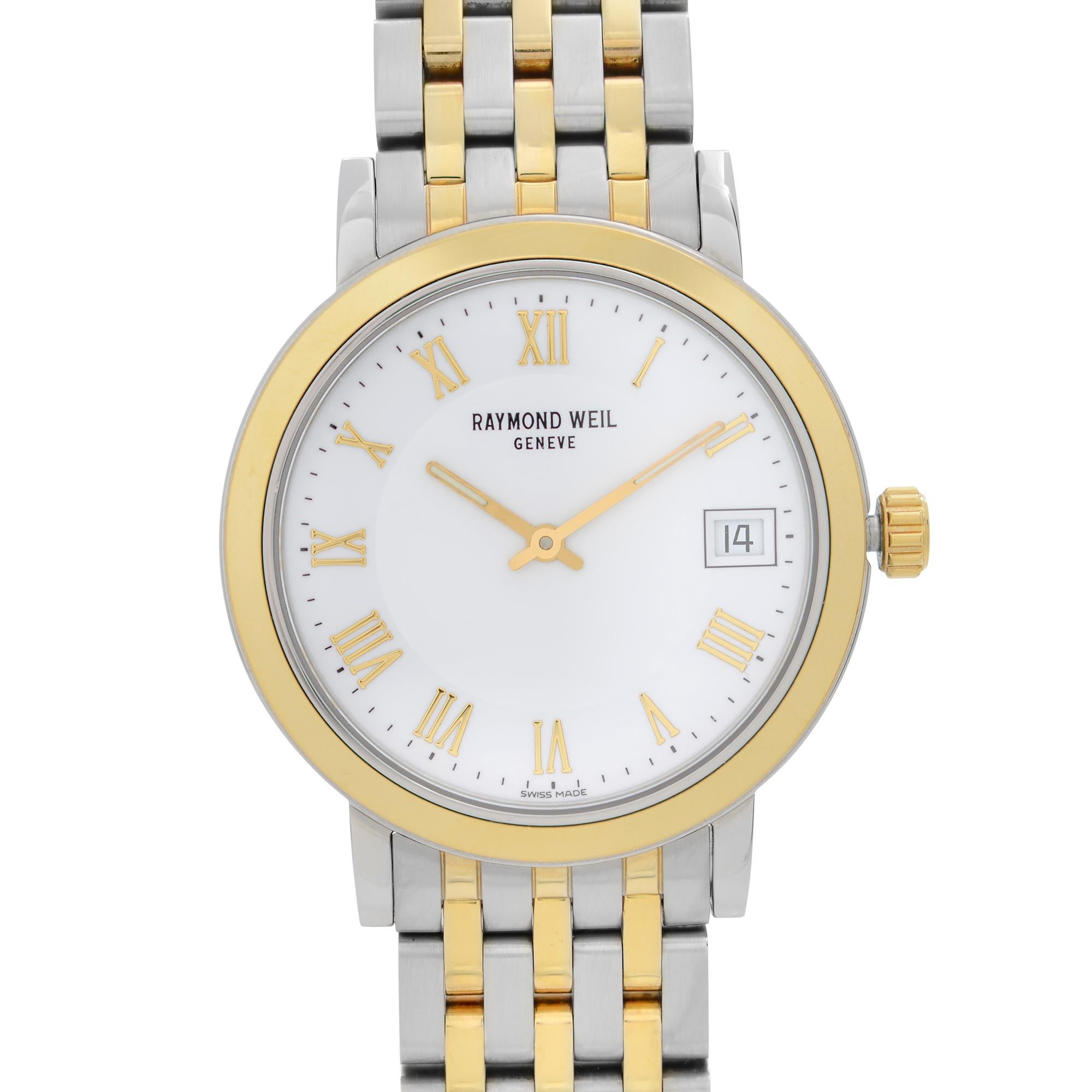 Pre-owned Raymond Weil Toccata Two-Tone Steel White Roman Dial Ladies Watch 5593-STP-00308. The Watch Has Water Damage on Hands as Visible on Side Pictures, as well as Minor Scratches on the Bezel, Bracelet, and Caseback. Original Box and Papers are