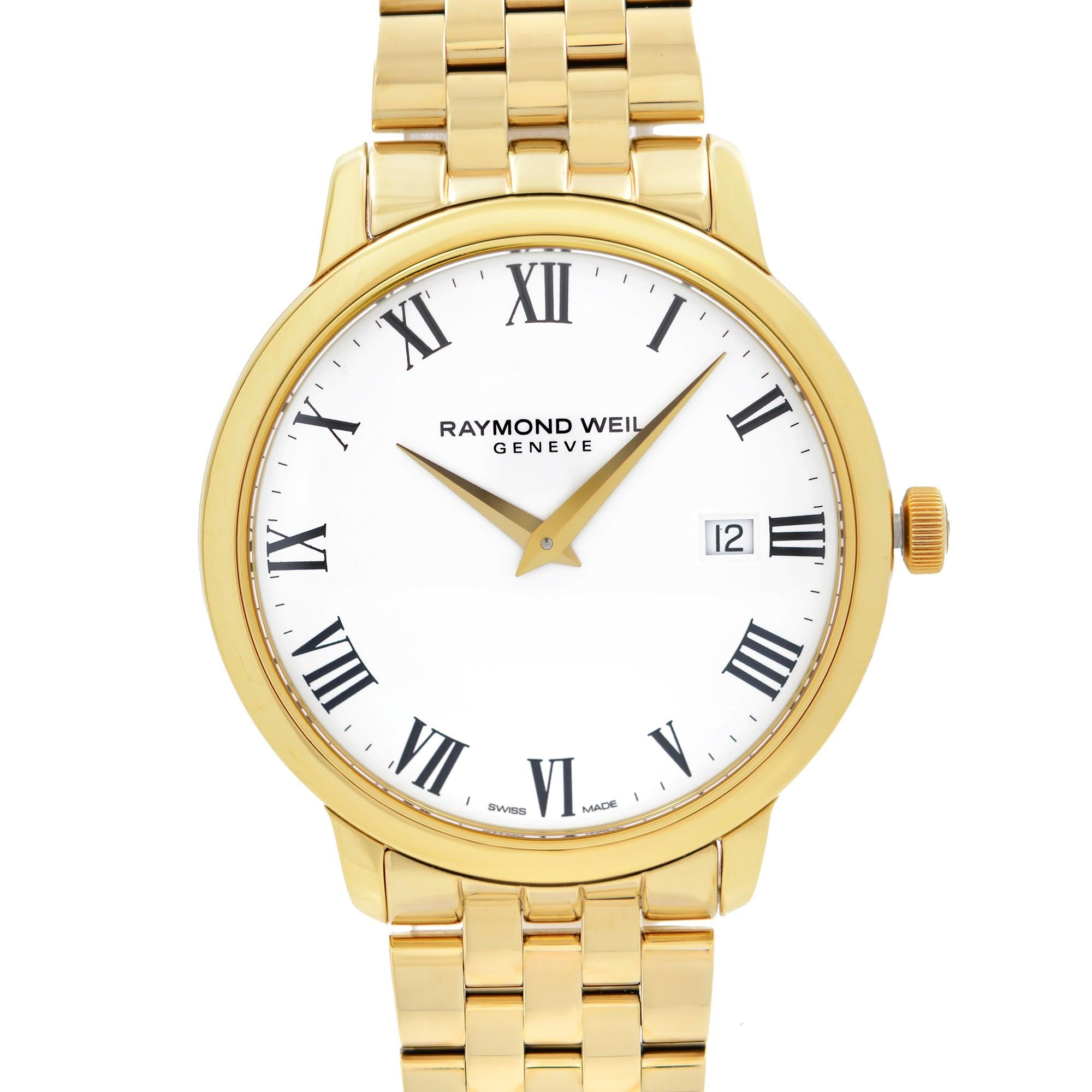 Store Display Model Raymond Weil Toccata Yellow Gold PVD Steel White Dial Men's Watch. The Watch Might have Minor Blemishes During Store Display. This Beautiful Timepiece Features: Yellow Gold PVD Stainless Steel Case and Bracelet, Fixed Yellow Gold