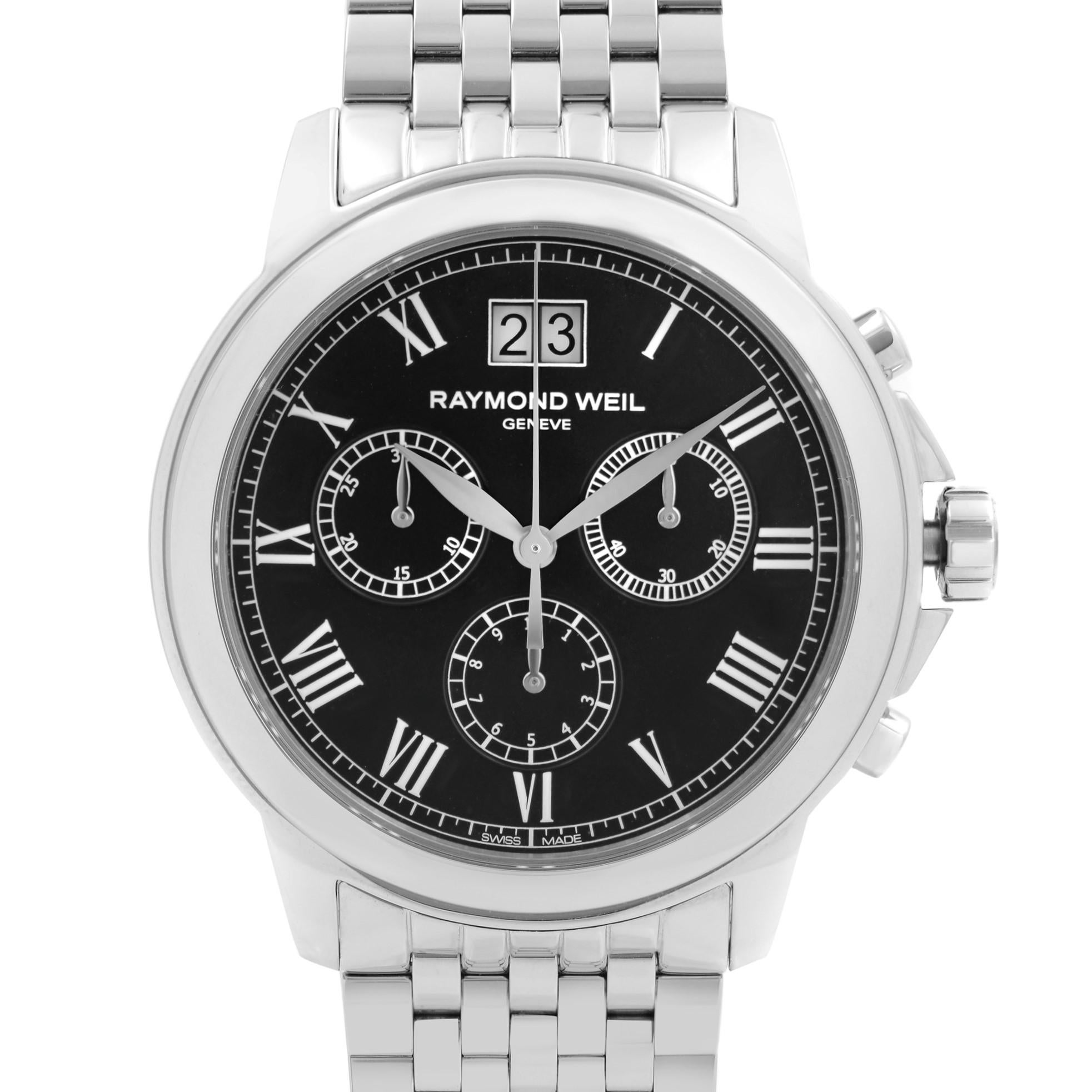 Display Model Raymond Weil Tradition 39mm Steel Black Dial Quartz Men's Watch 4476-ST-00200. This Beautiful Timepiece Features: Stainless Steel Case and Bracelet, Fixed Stainless Steel Bezel, Black Dial with Silver-Tone Hands, And Roman Numerals