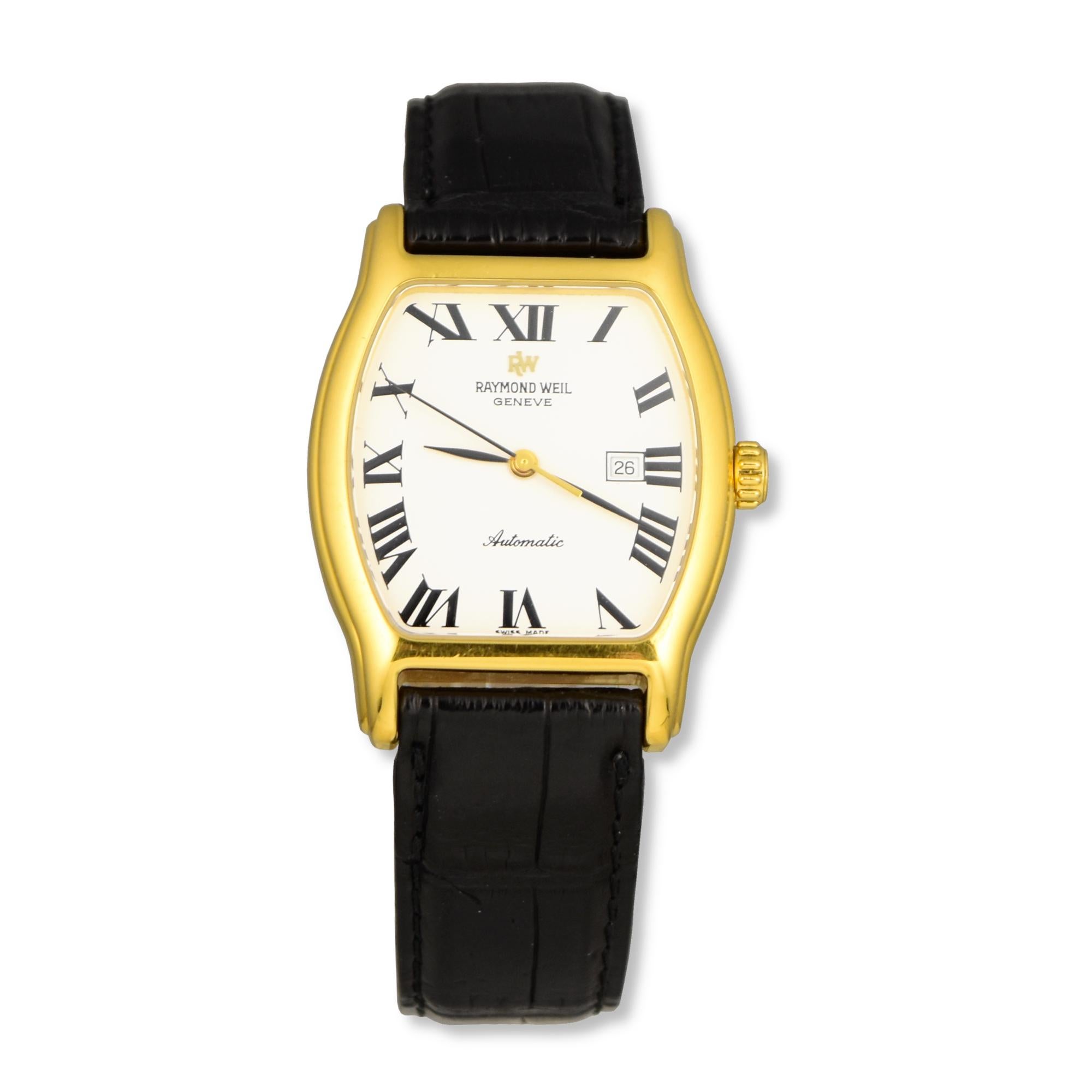Brand: Raymond Weil
Model: Tradition Mecanique
Ref: 2020 2156768
Case Shape:  Oval 
Case Diameter: 31 mm
DIal Color: White
Movement: Automatic
Case Material: 18k Electroplated Yellow Gold
Bracelet Material: Leather Strap 
Functions: Date, Hour,