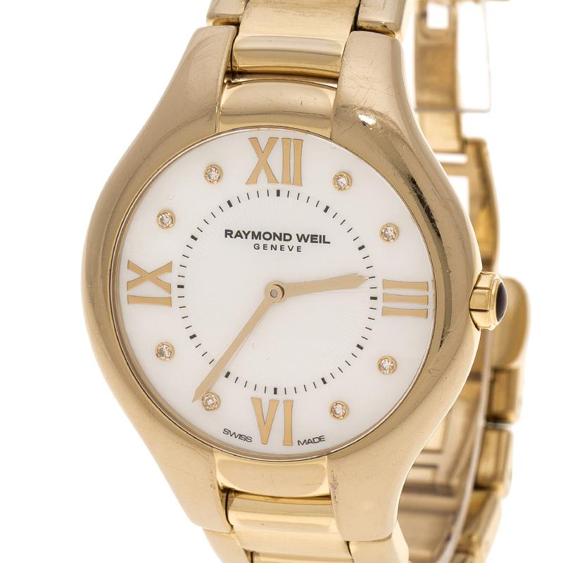 Contemporary Raymond Weil White Mother of Pearl Gold Plated Stainless Steel Noemia 5136 Women