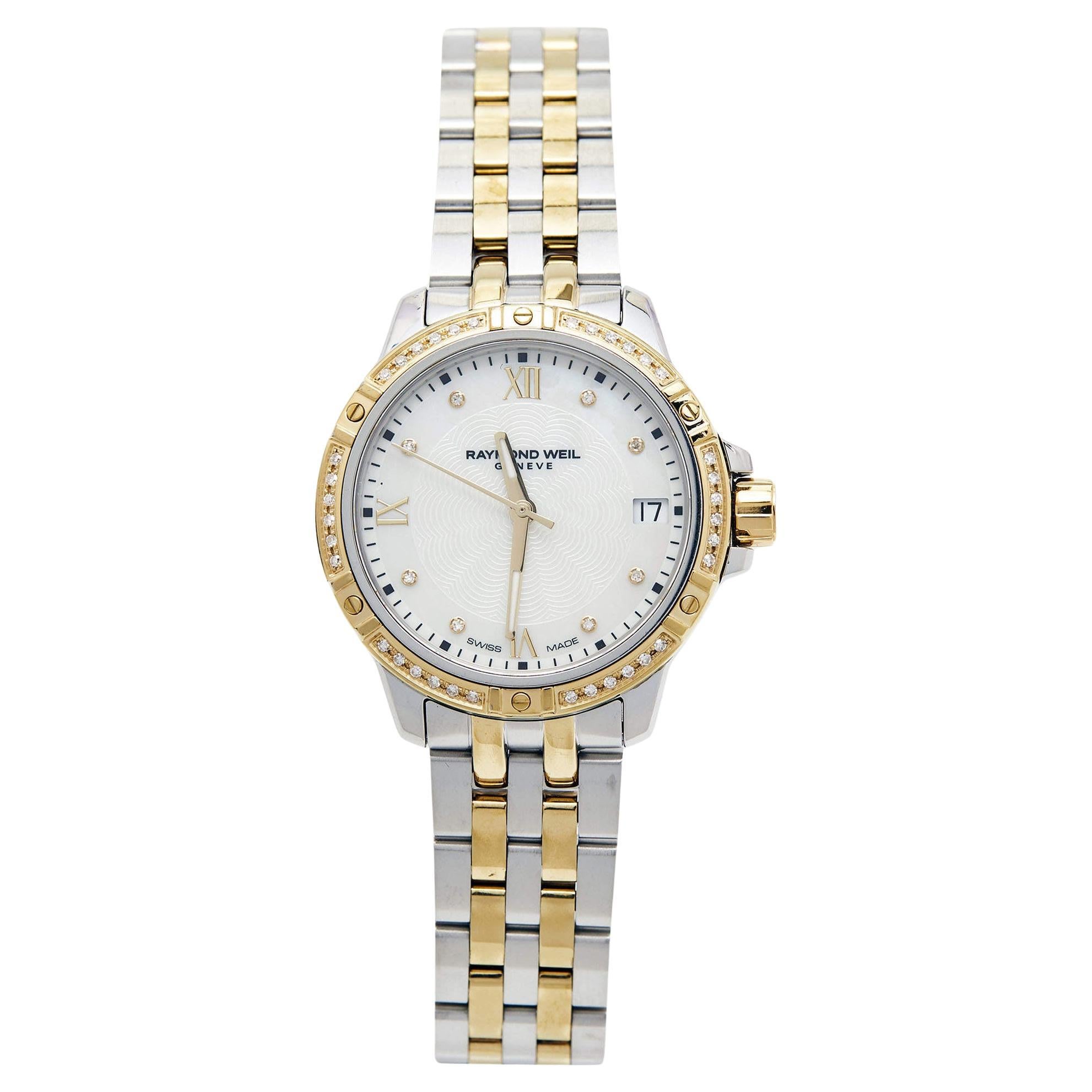 Raymond Weil White Mother of Pearl Two-Tone Stainless Steel Diamond Tango 5960-S For Sale