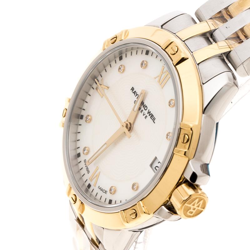 Raymond Weil's Tango watches are an astounding combination of two winning attributes: aesthetic designs and unfaltering functionality. This watch has been crafted from two-tone stainless steel with wide gold-tone bezel, punctuated with screw motifs.