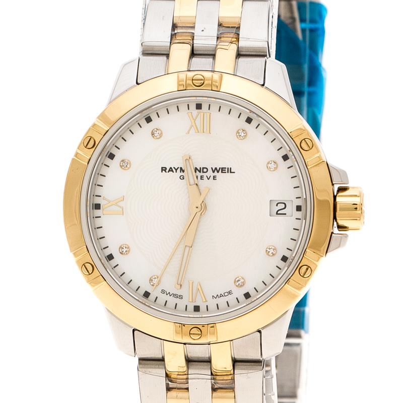 Contemporary Raymond Weil White Mother of Pearl Two-Tone Stainless Steel Tango 5960 Women's W