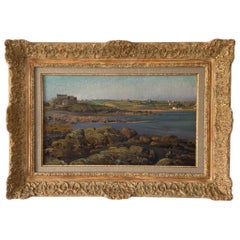 Paisaje costero francés antiguo, casitas costeras de Bretaña, paisaje marino y rocas