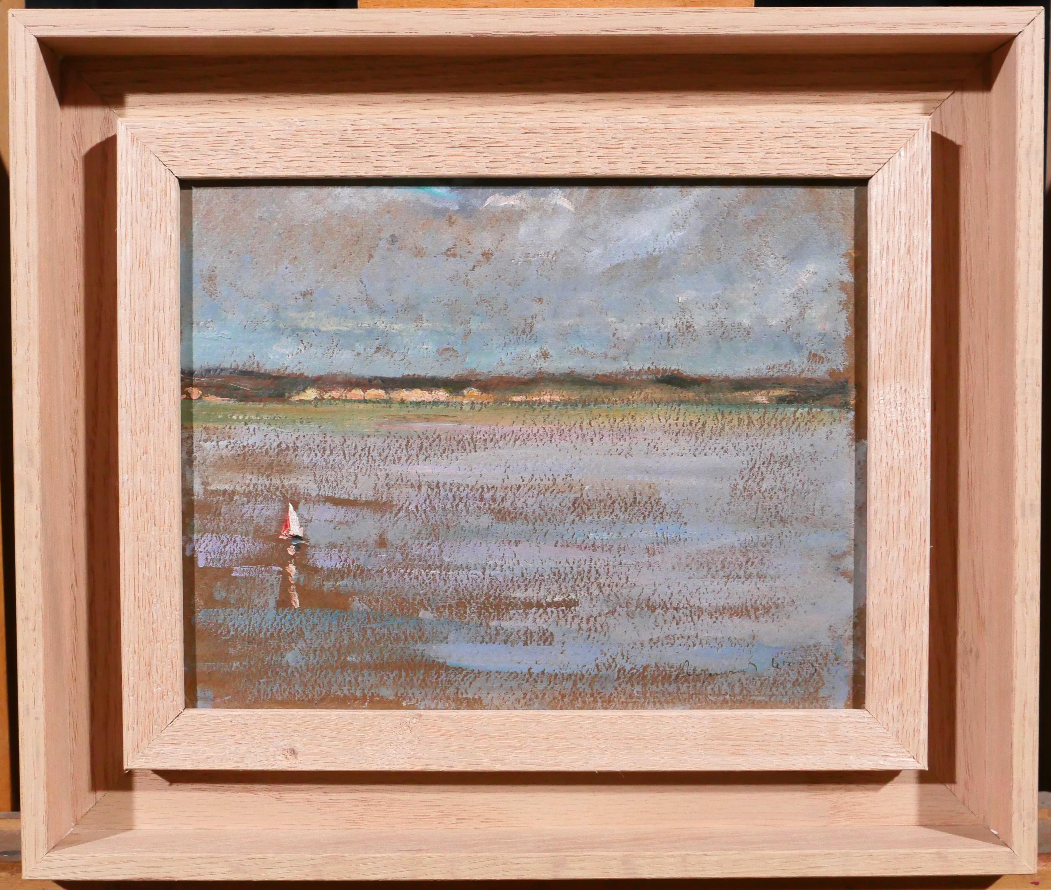 Seelandschaft mit einem Boot – Painting von Raymond Woog