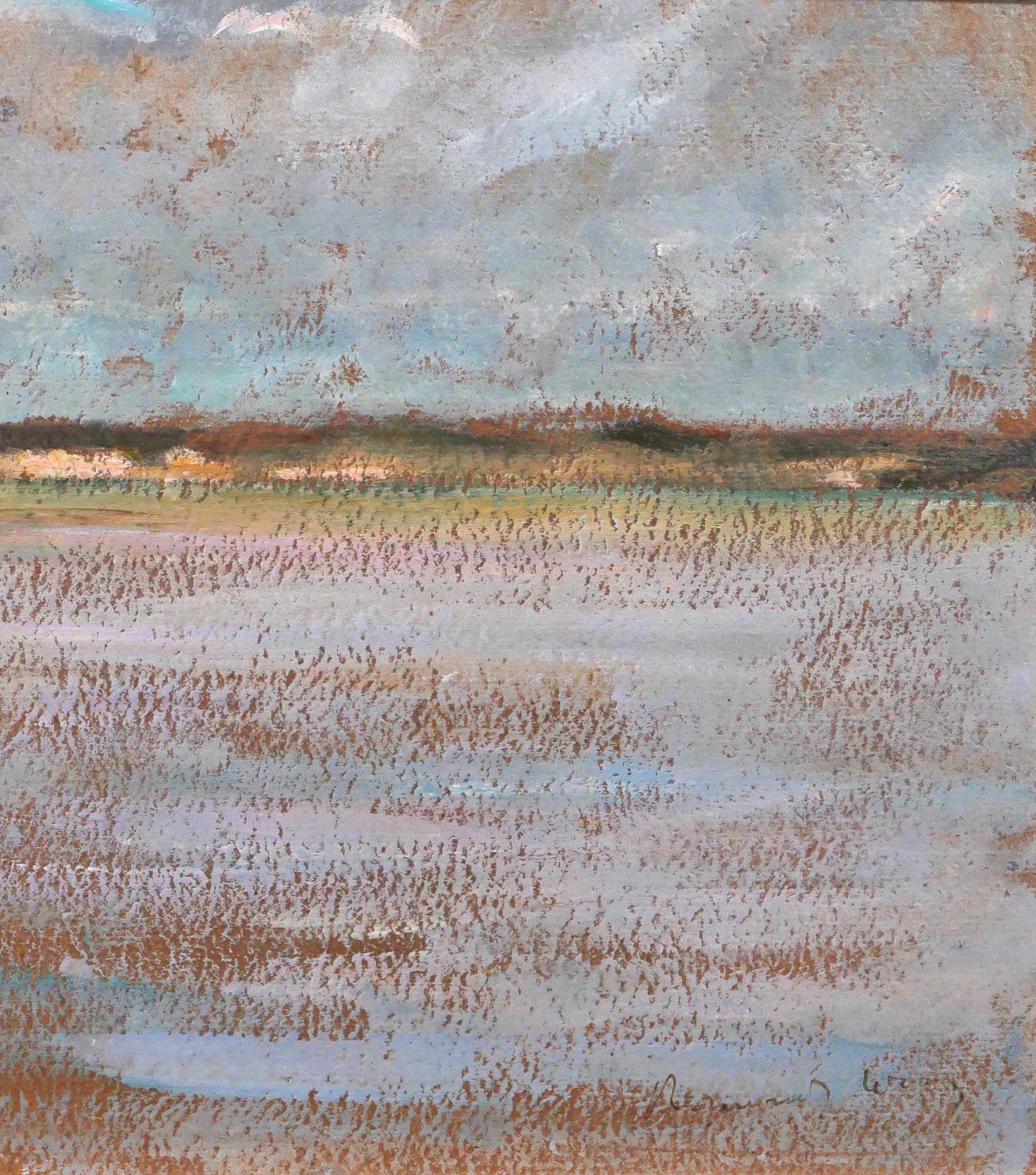 Seelandschaft mit einem Boot (Grau), Landscape Painting, von Raymond Woog