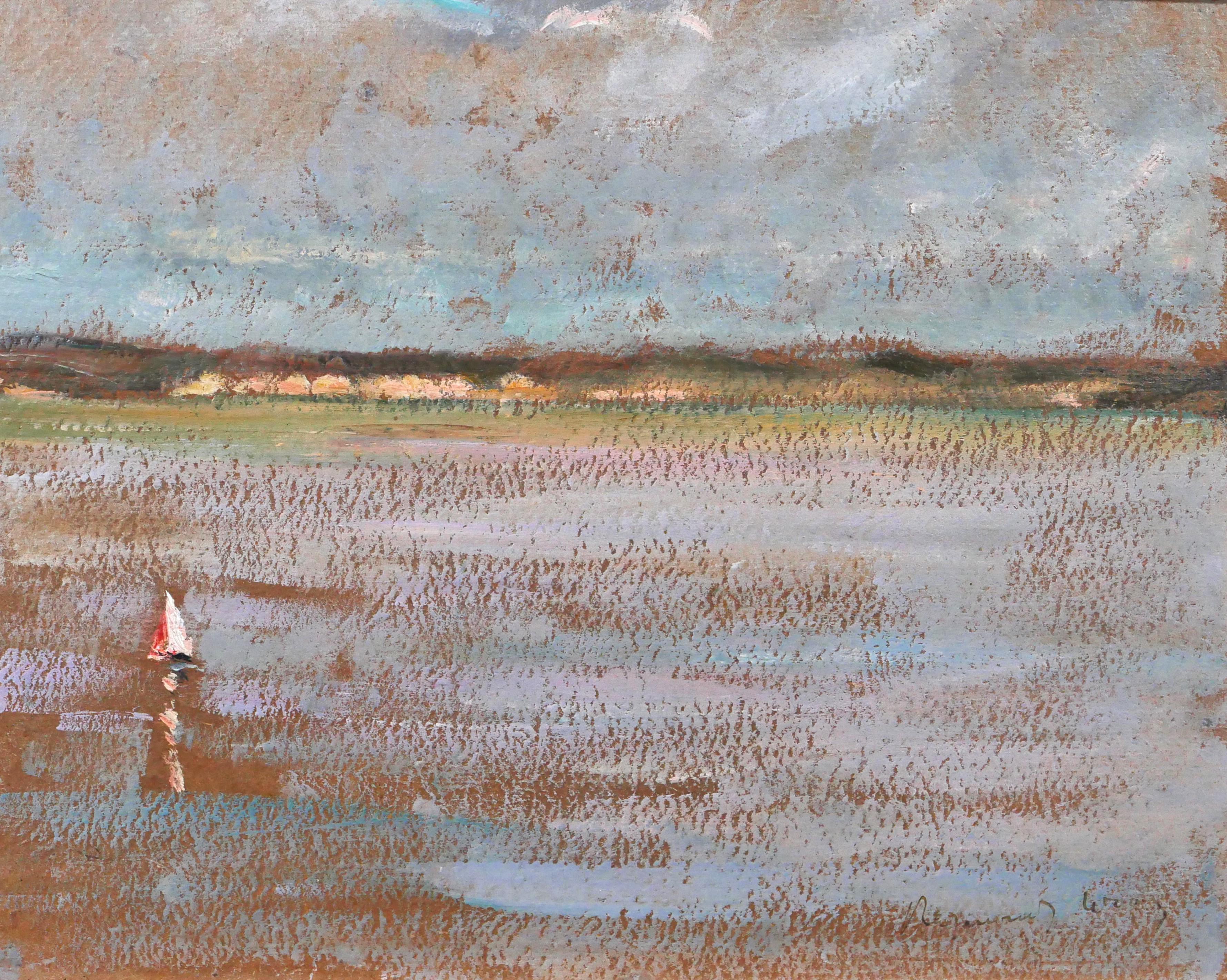 Raymond Woog Landscape Painting – Seelandschaft mit einem Boot