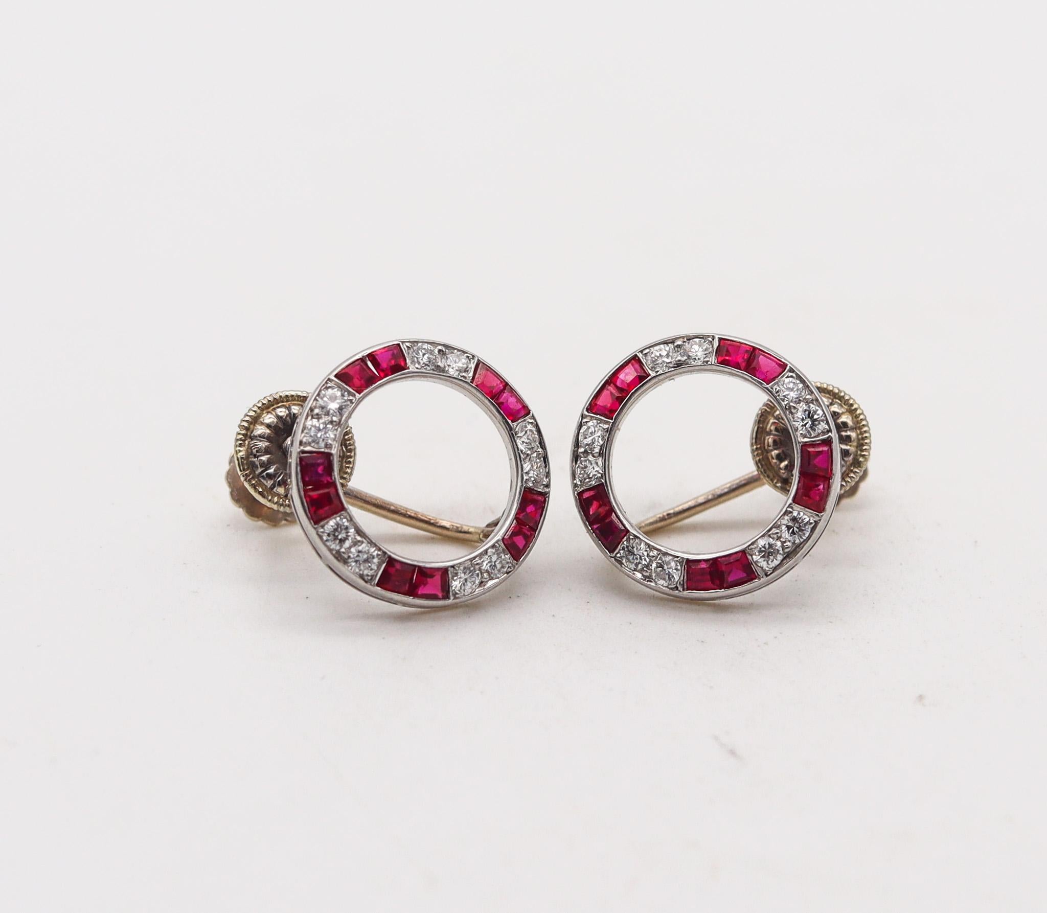 French Cut Raymond Yard 1935 Art Deco Earrings In Platinum With 3.09 Ctw Rubies Diamonds For Sale