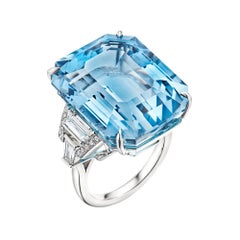 Raymond Yard 33.89 Carat Emerald Cut Aquamarine Diamond Platinum Ring