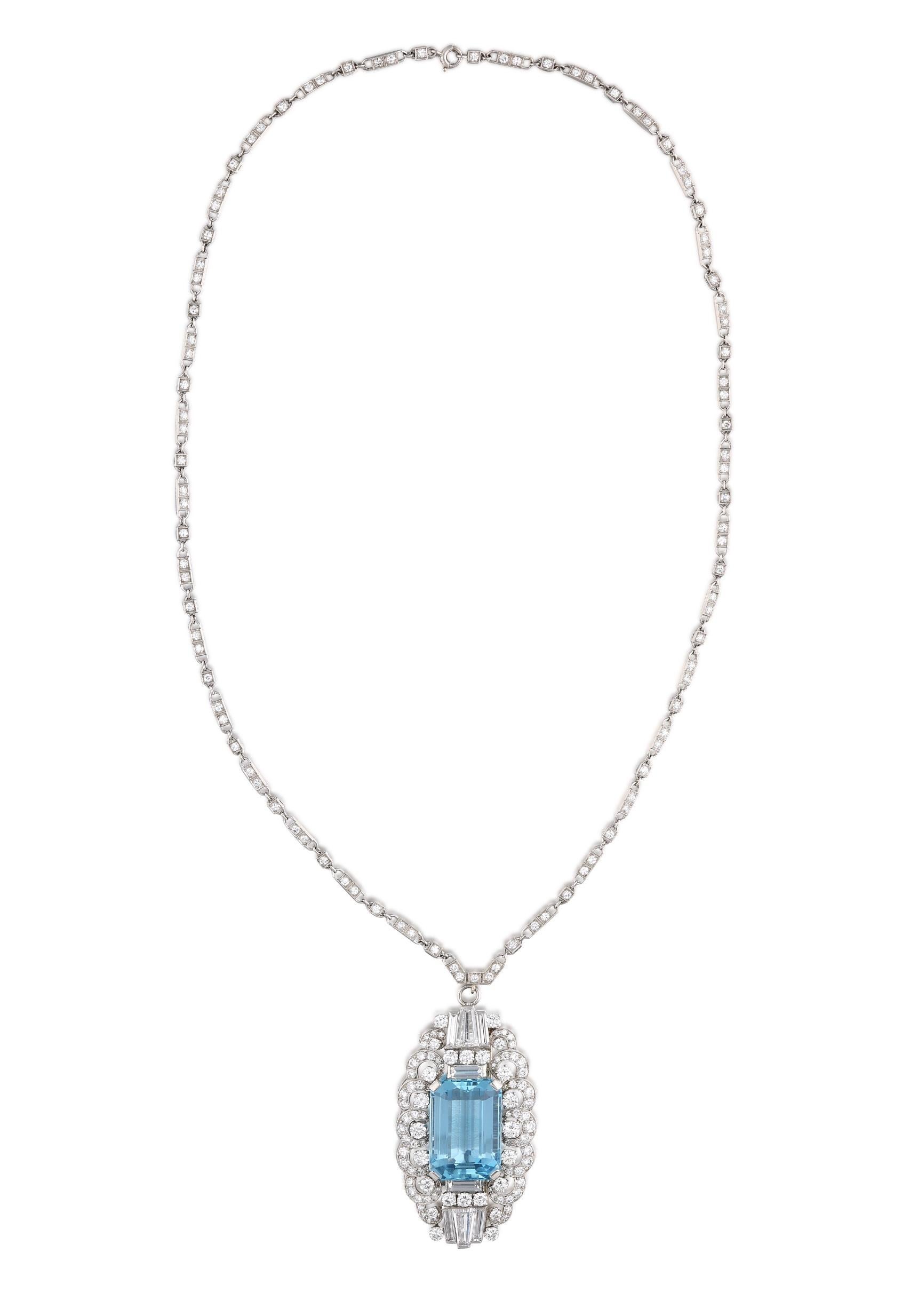 Raymond Yard Aquamarin-Diamant-Anhänger-Halskette (Smaragdschliff) im Angebot