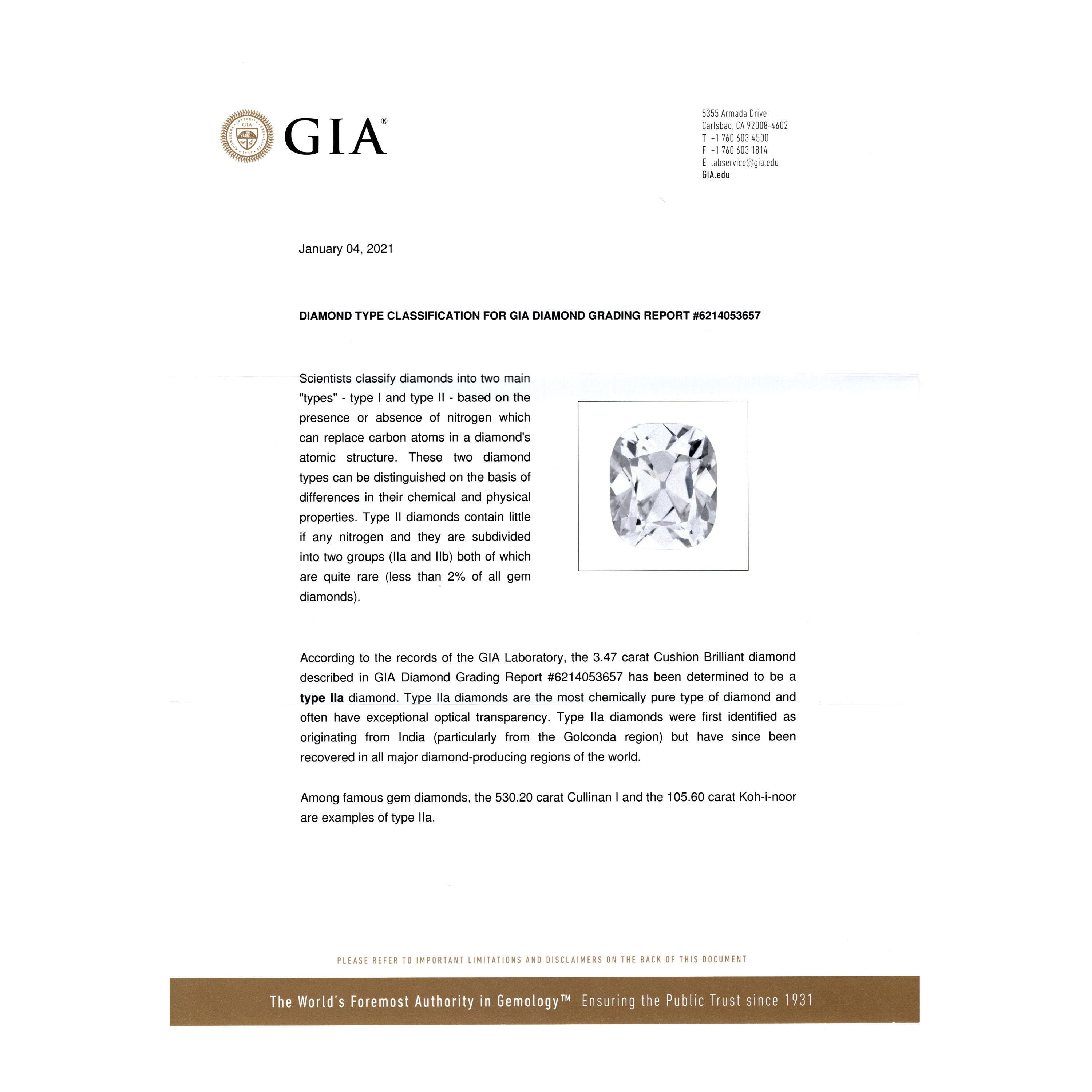 As white as light, this icy 3.46 carat cushion brilliant cut Raymond Yard Art Deco diamond platinum engagement ring is extraordinary.  With a rare D color Type IIA classification, this exceptional diamond ring is scintillatingly collectible.  Signed