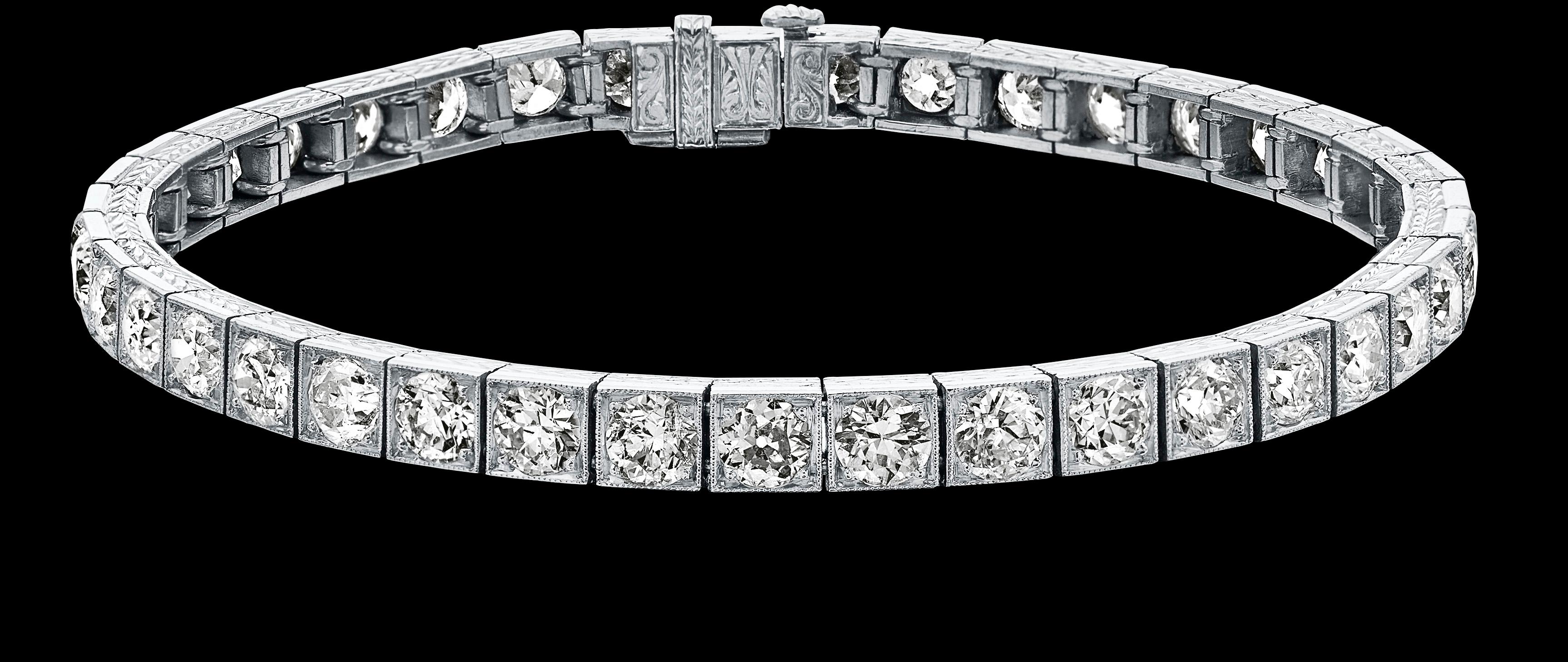 Women's Raymond Yard Art Deco Old European Cut Diamond Tennis Line Bracelet in Platinum