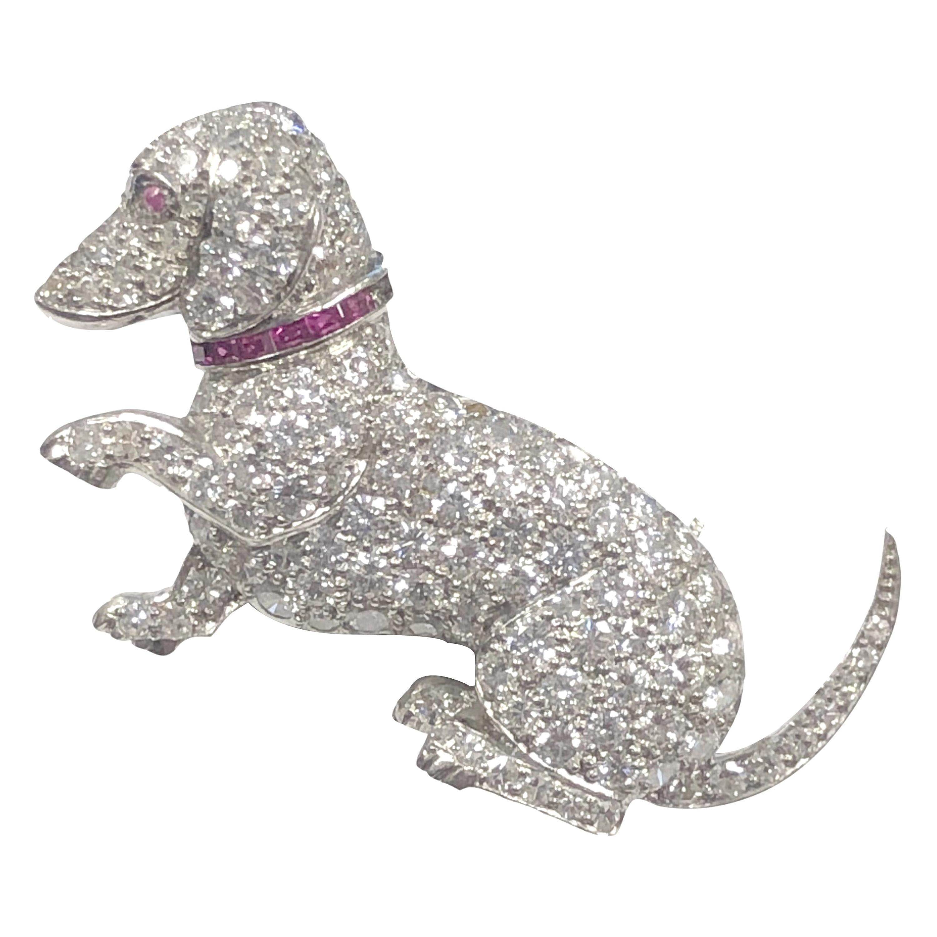 Raymond Yard Art Deco Platinum and Diamond Whimsical Dachshund Dog Brooch