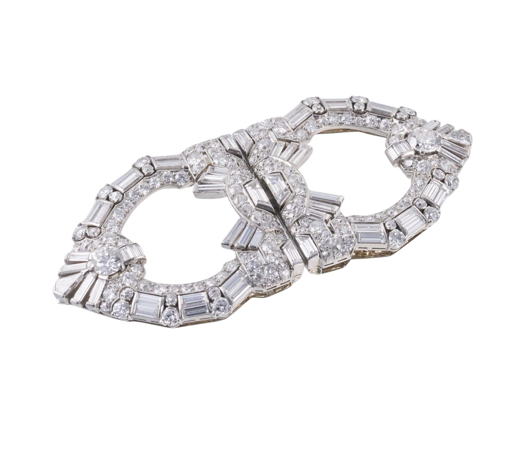 Raymond Yard Art Deco Platinum Diamond Brooch Clip Set In Excellent Condition In New York, NY