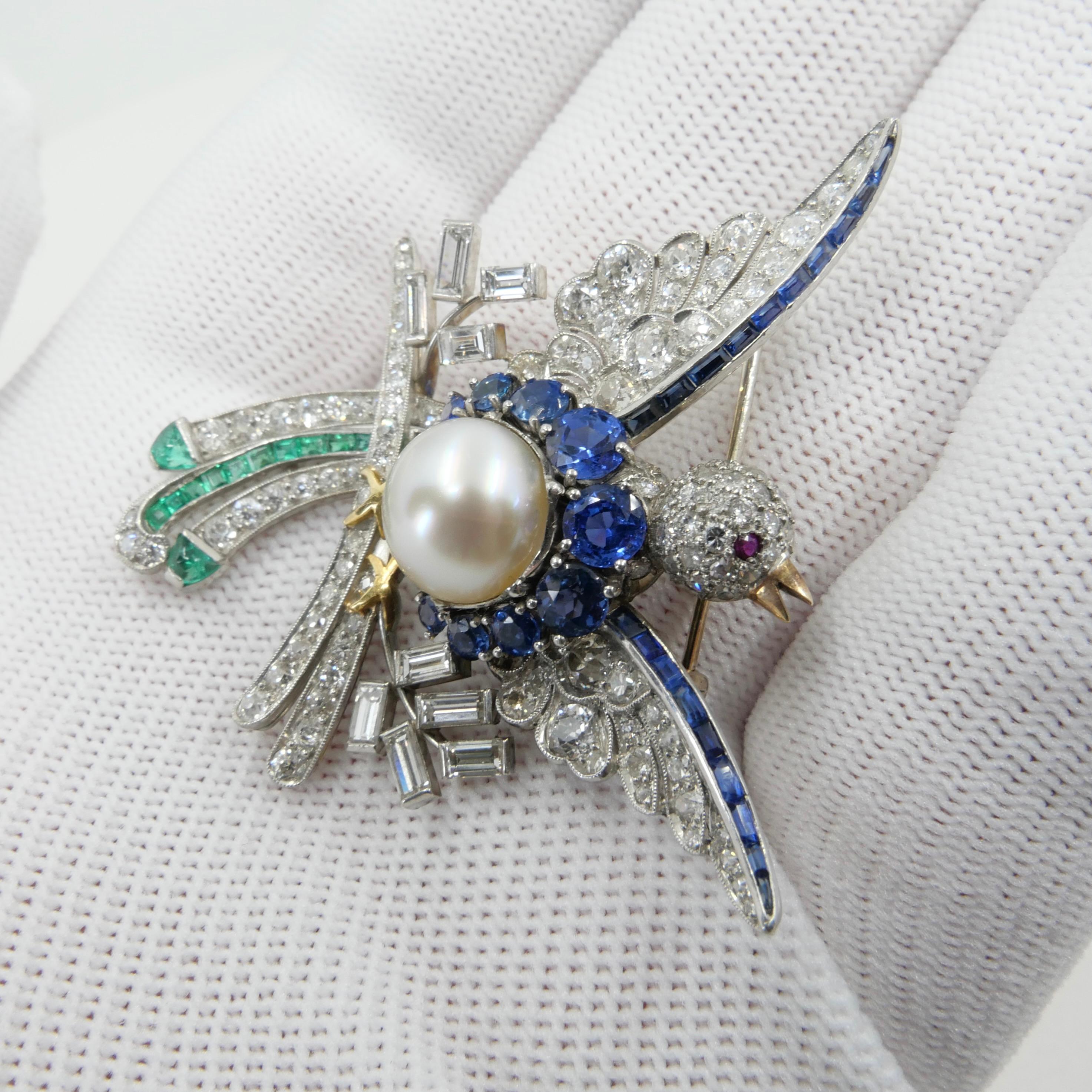 Raymond Yard, Certified Natural Pearl, Sapphire, Emerald, Ruby & Diamond Brooch In Good Condition In Hong Kong, HK