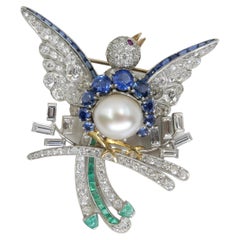 Raymond Yard, Certified Natural Pearl, Sapphire, Emerald, Ruby & Diamond Brooch