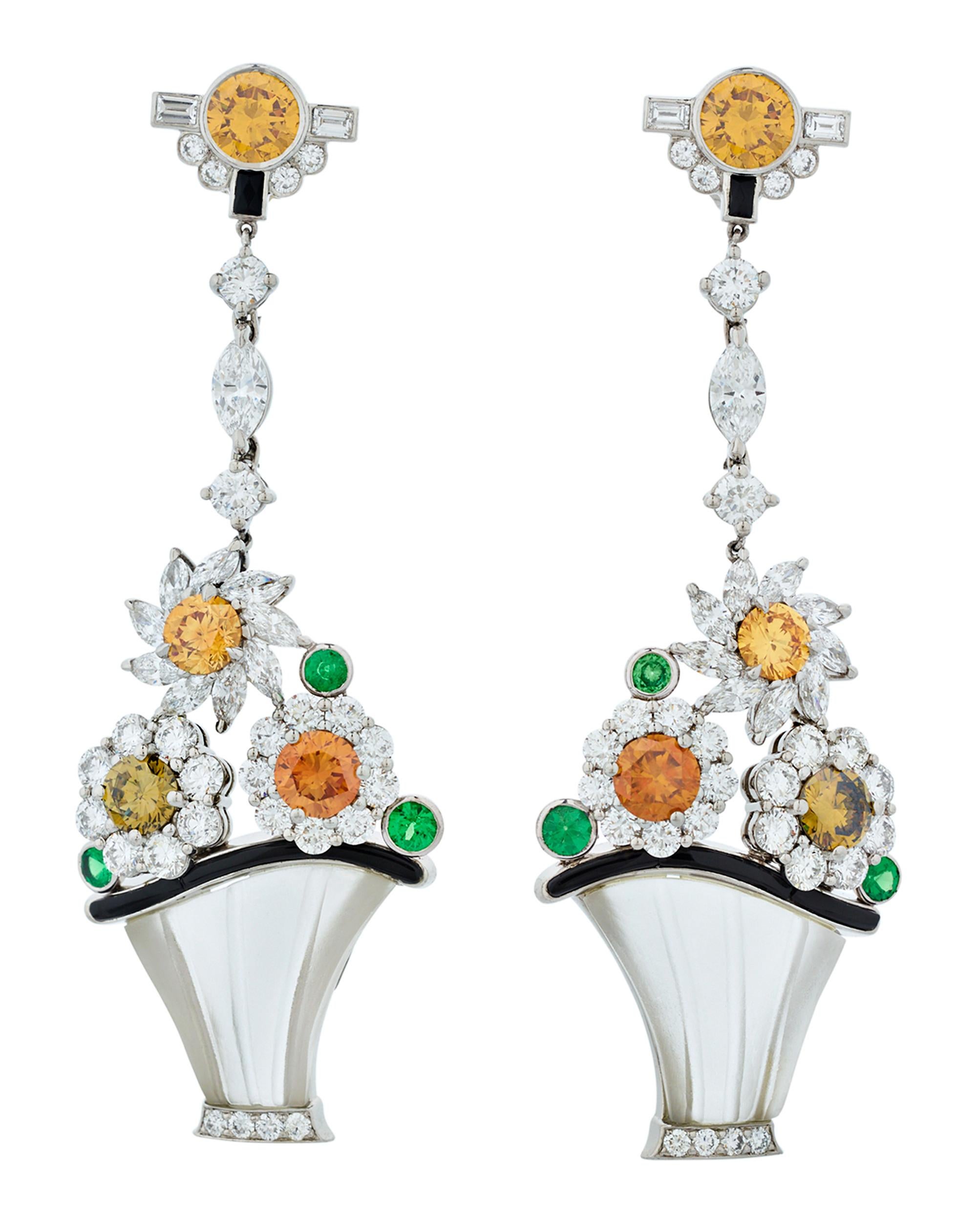 Raymond Yard Colored Diamond Flower Basket Earrings In Excellent Condition In New Orleans, LA