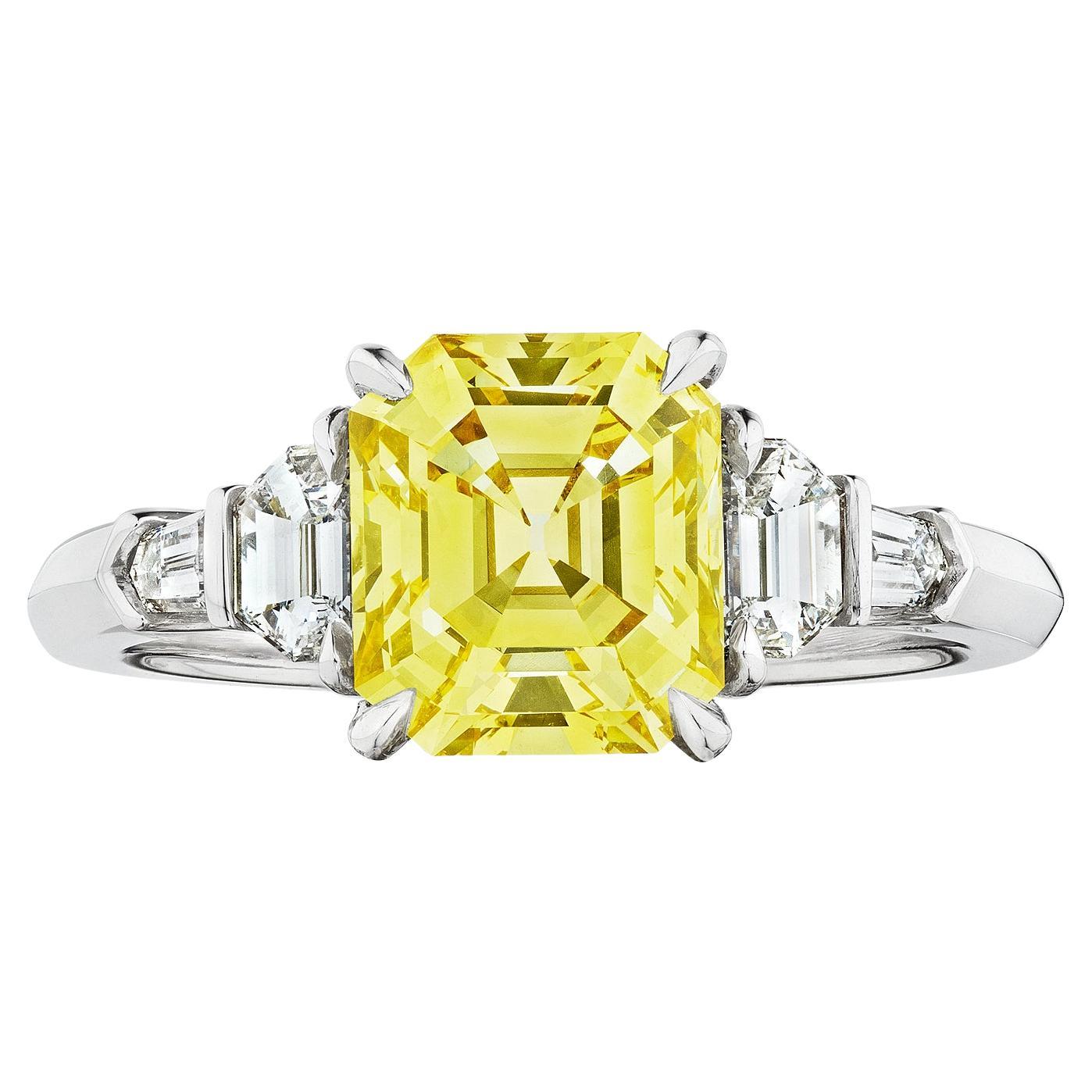 Raymond Yard Design 2.02 Carat Emerald Cut Natural Yellow Diamond Platinum Ring For Sale