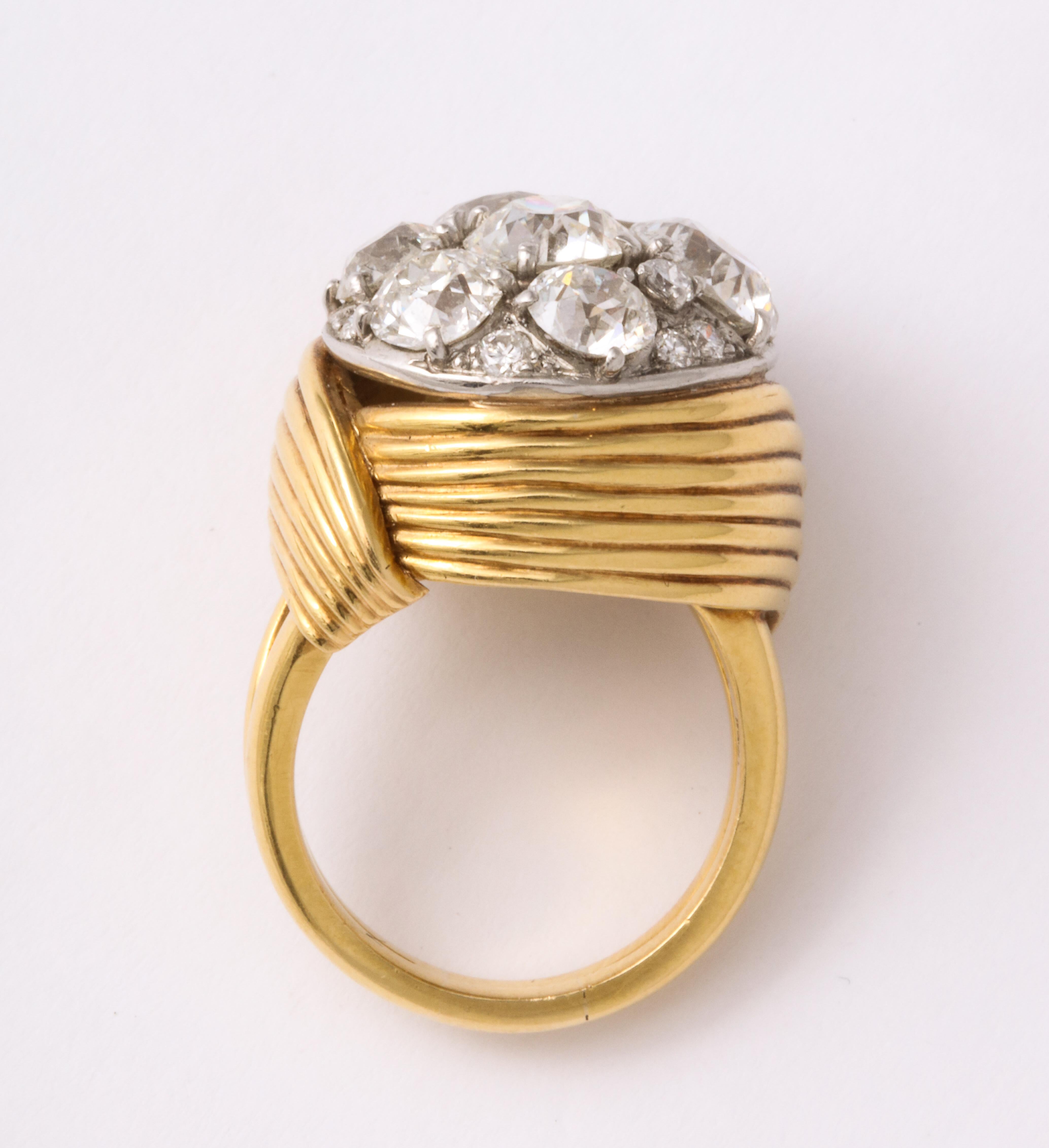 Old European Cut Raymond Yard Diamond Cluster Gold Cocktail Ring