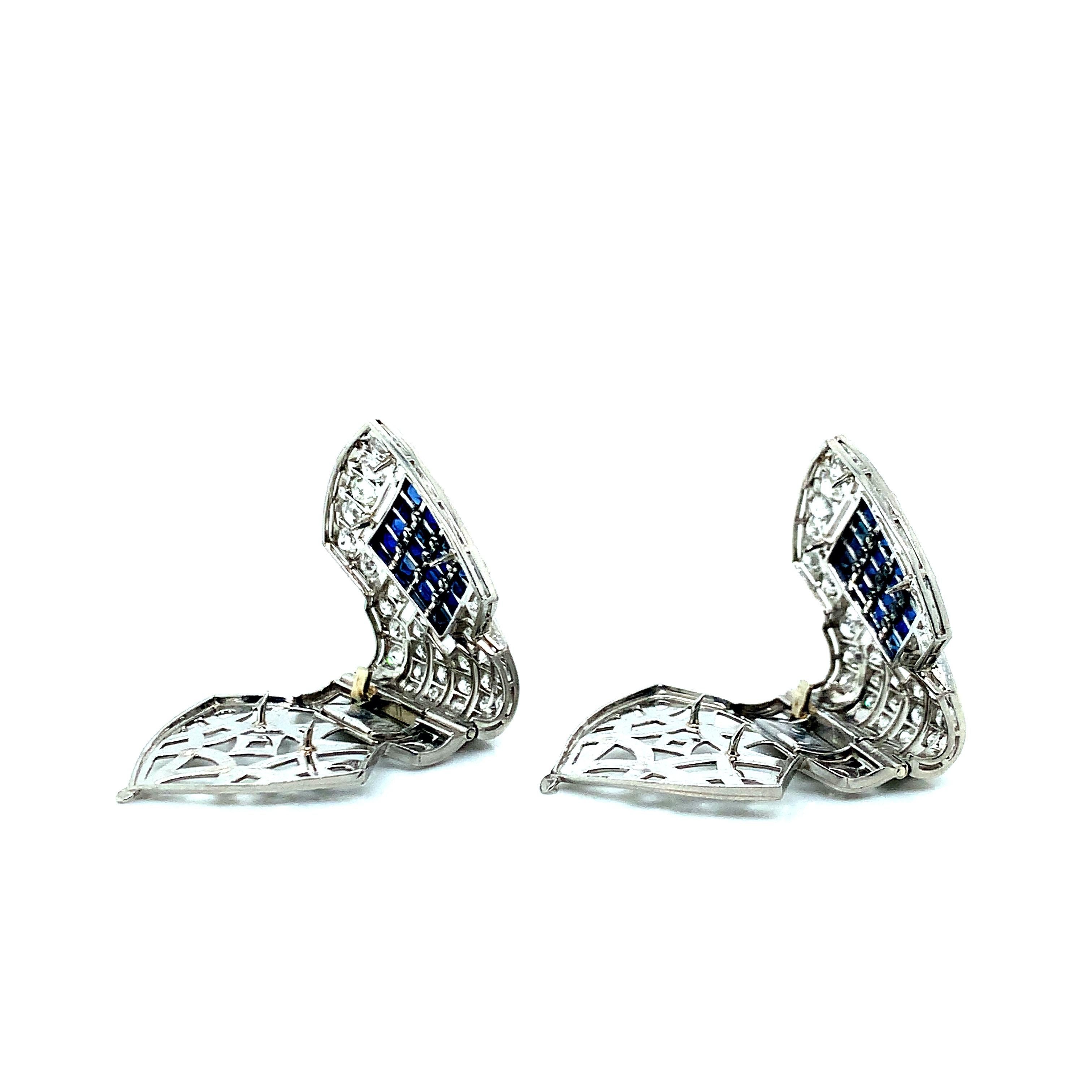 Art Deco Raymond Yard Double Clip Diamond Sapphire Brooches For Sale