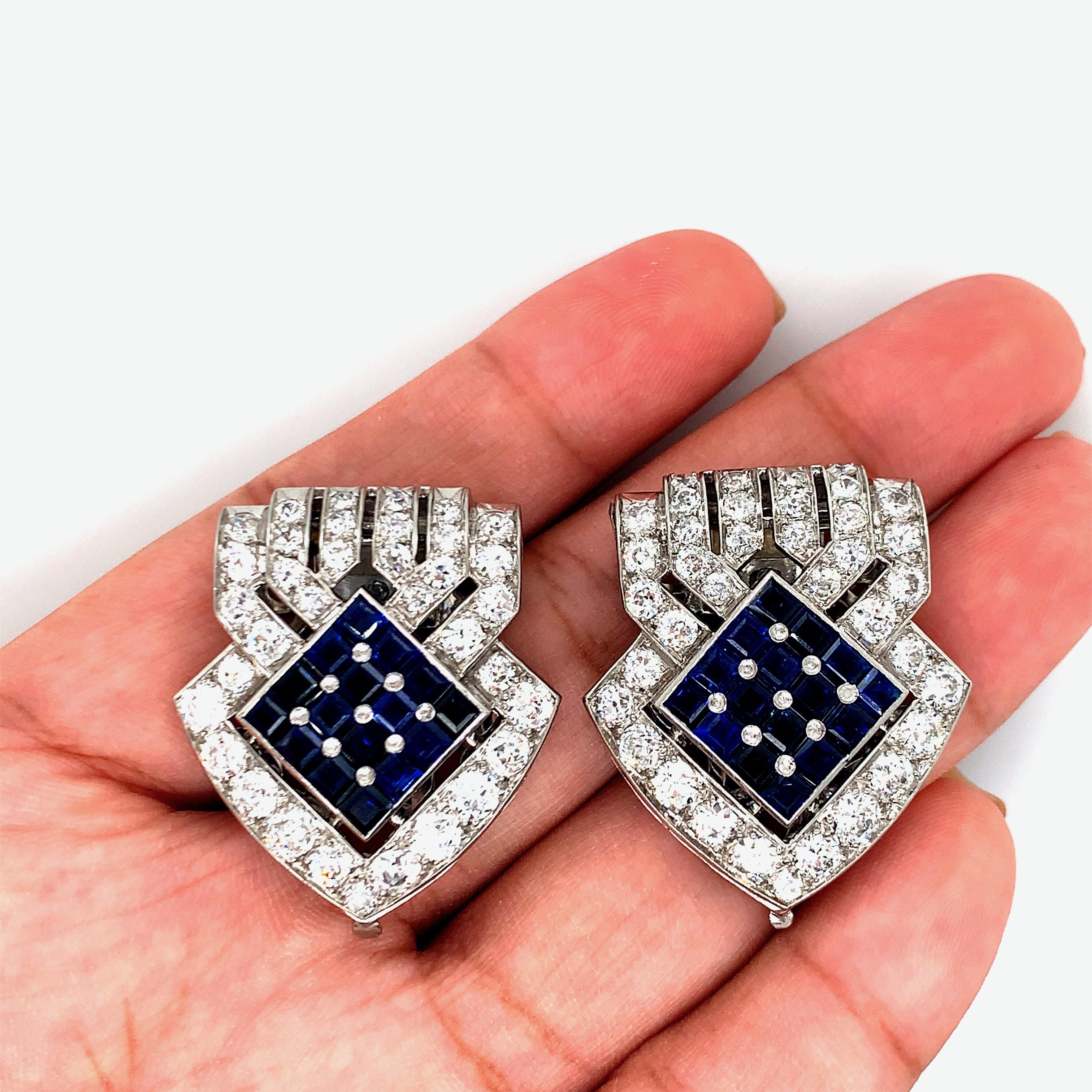Women's Raymond Yard Double Clip Diamond Sapphire Brooches For Sale