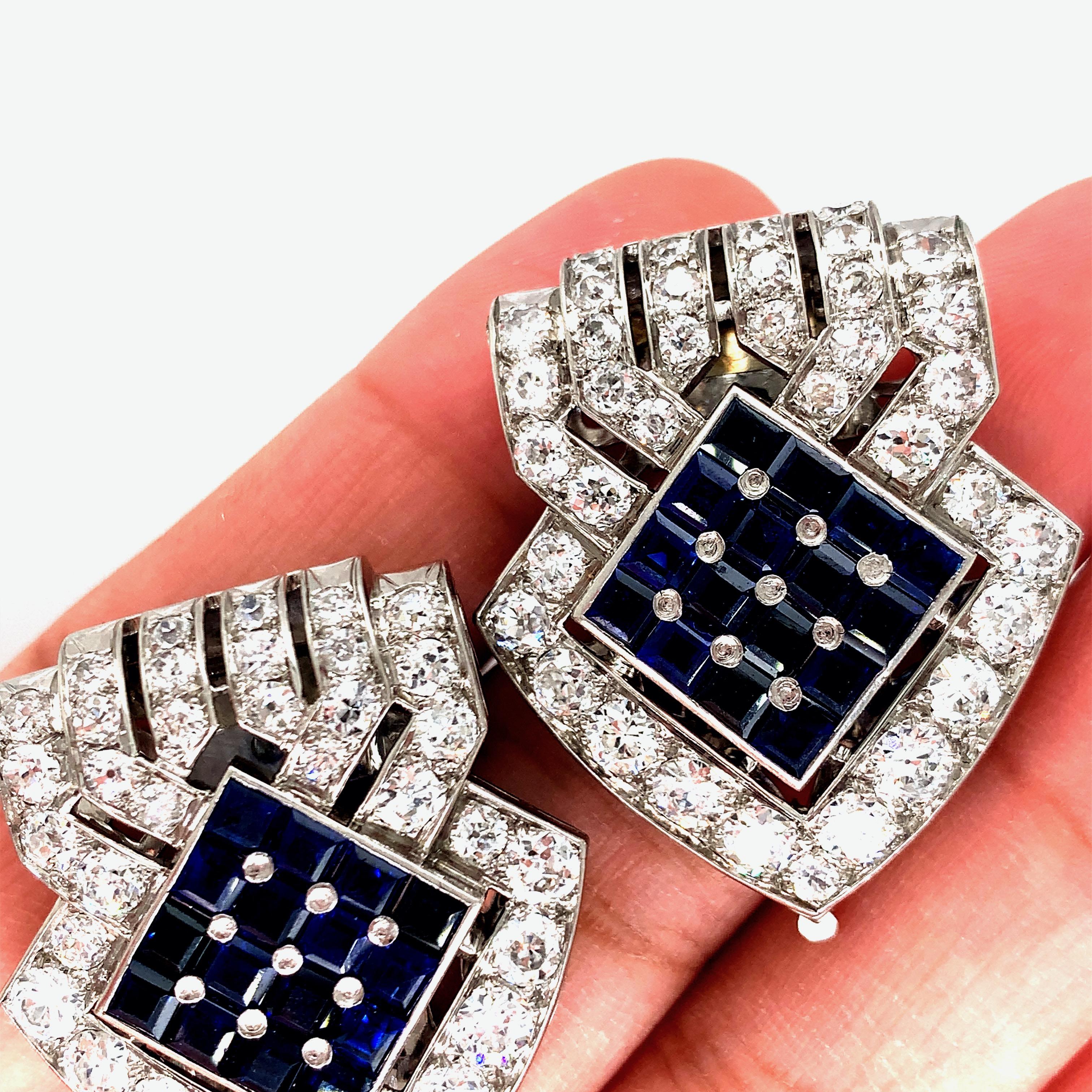 Raymond Yard Double Clip Diamond Sapphire Brooches For Sale 1