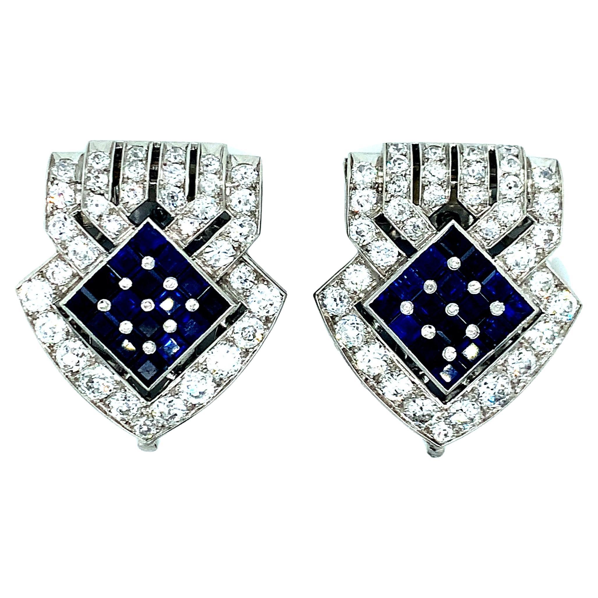 Raymond Yard Double Clip Diamond Sapphire Brooches For Sale
