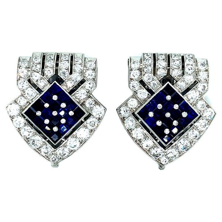 Raymond Yard Double Clip Diamond Sapphire Brooches For Sale at 1stDibs