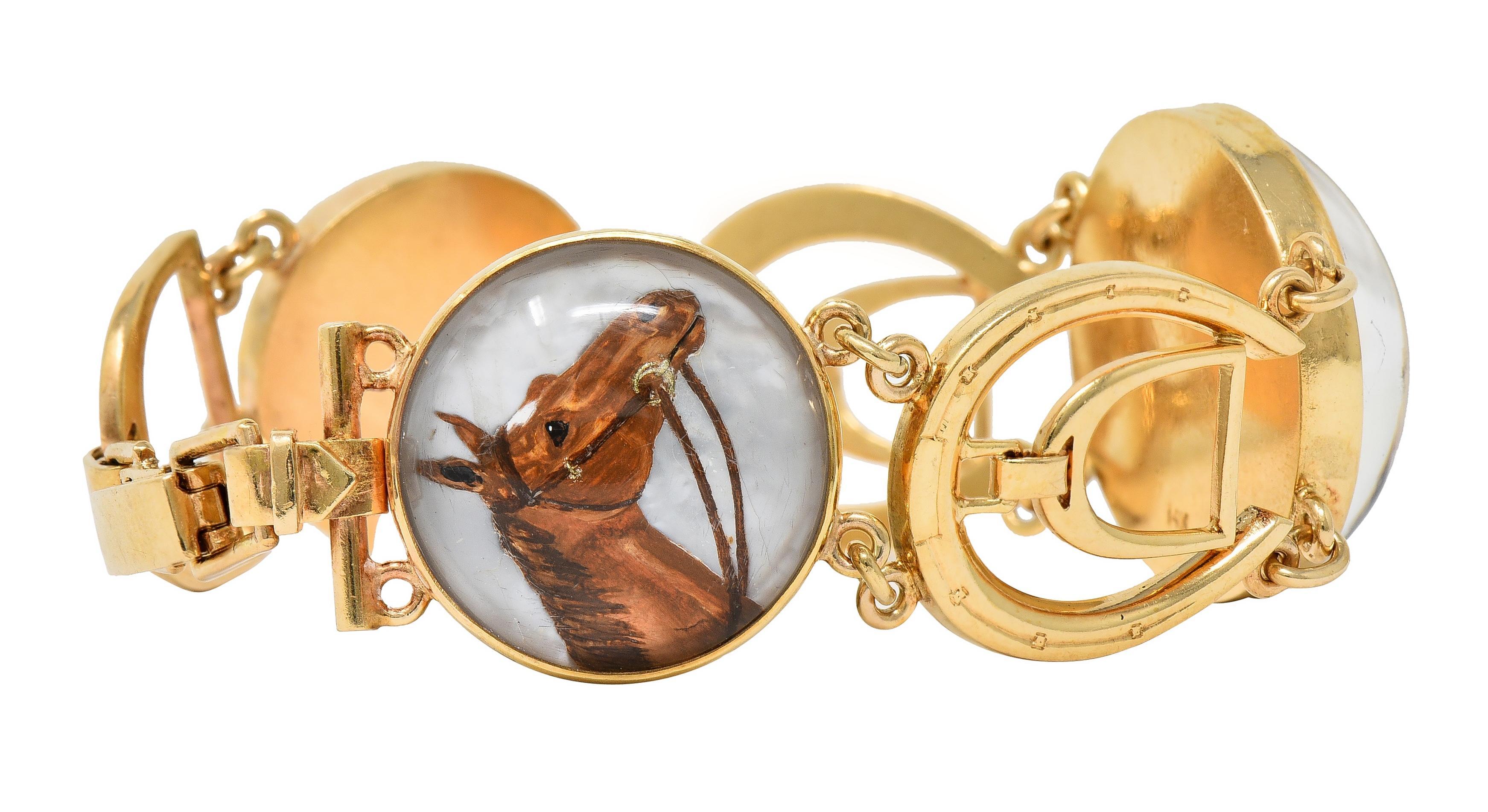 Cabochon Raymond Yard Edwardian Essex Crystal Antique 14 Karat Gold Hunting Bracelet For Sale
