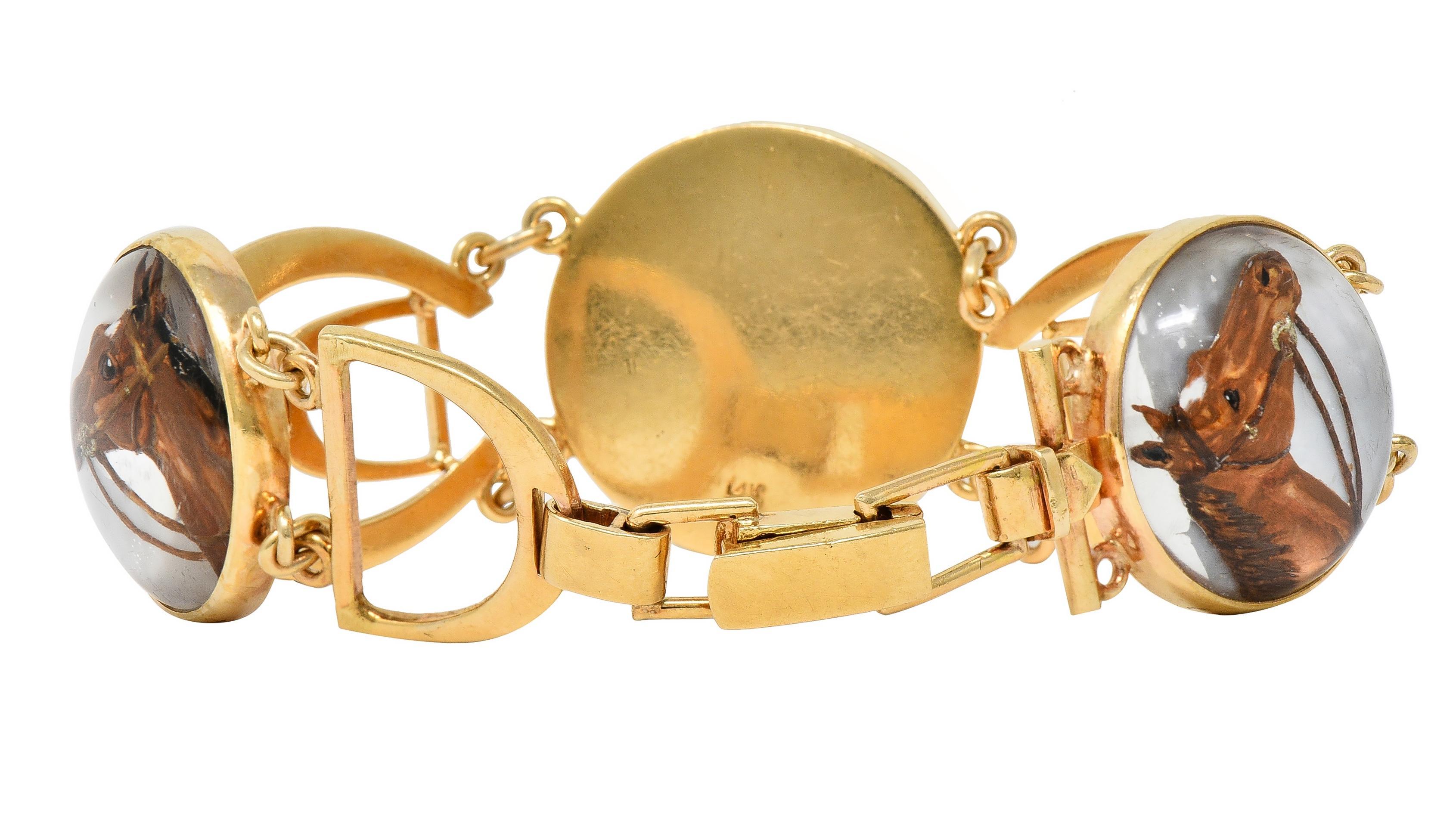Cabochon Raymond Yard Edwardian Essex Crystal Antique 14 Karat Gold Hunting Bracelet For Sale