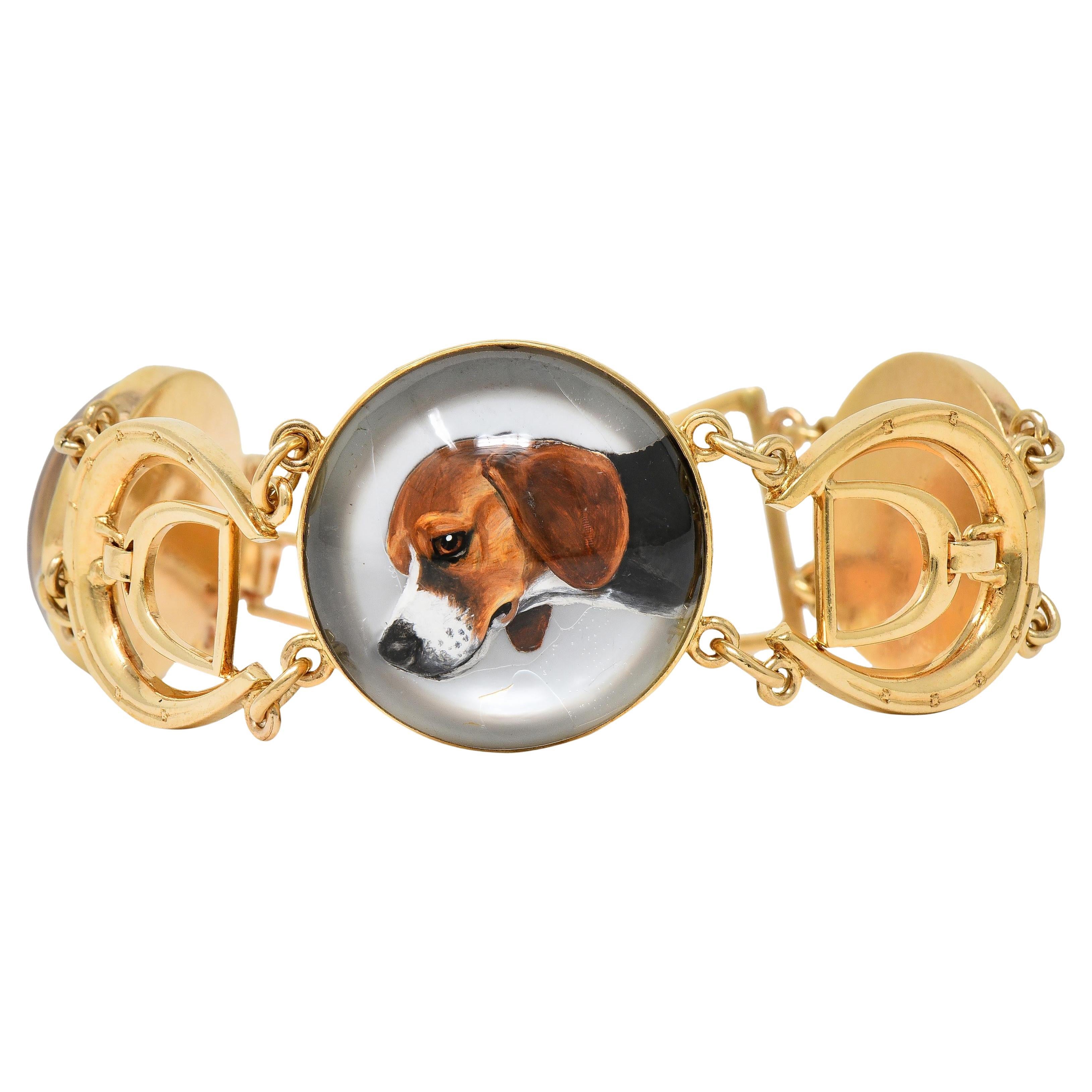 Bracciale da caccia Raymond Yard Edwardian Essex in cristallo antico oro 14 carati