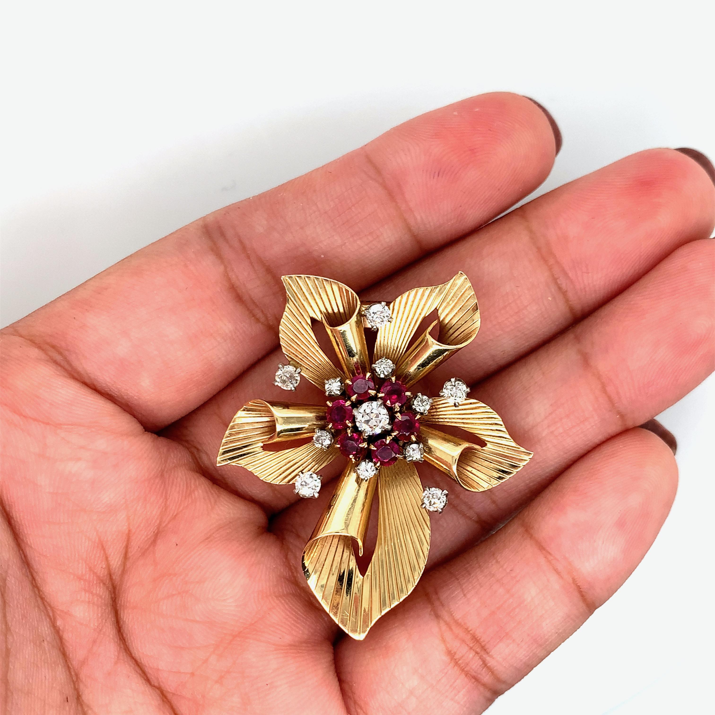 Women's or Men's Raymond Yard Flower Ruby Diamond Gold Brooch