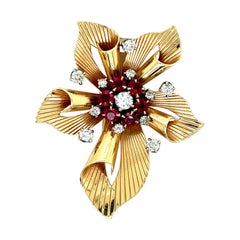 Raymond Yard Flower Ruby Diamond Gold Brooch