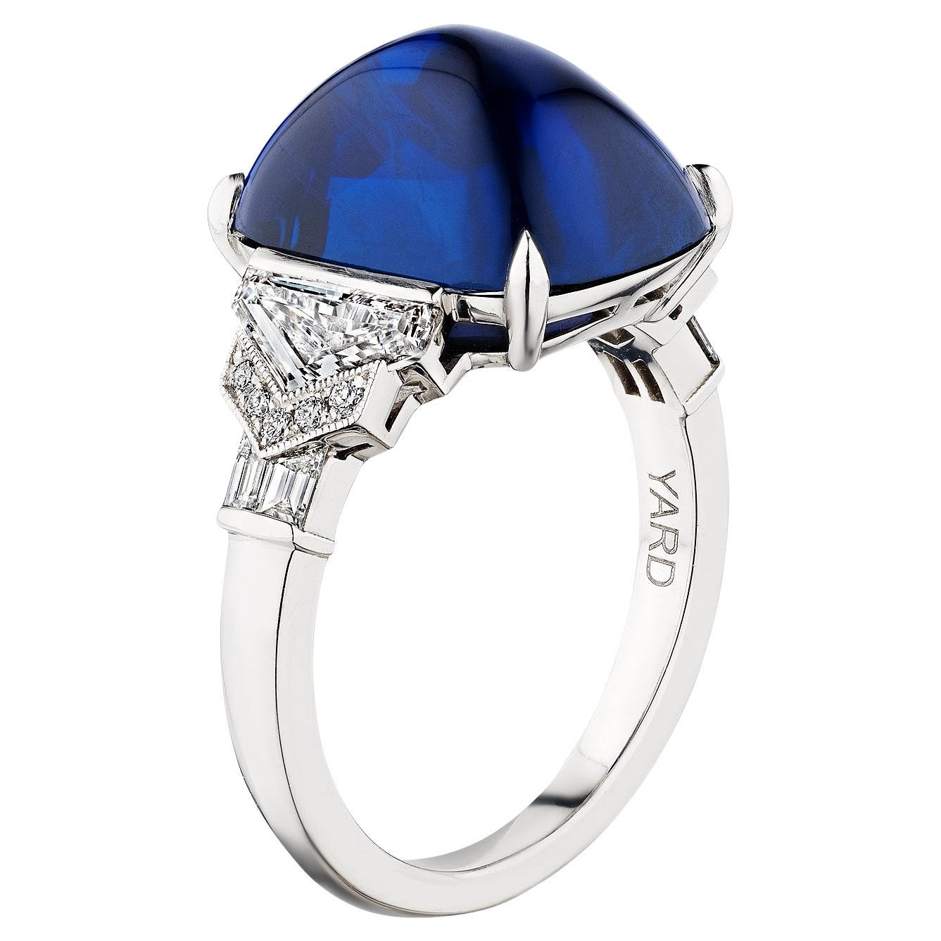 Raymond Yard Natural Burma Sugarloaf Cut Burma Sapphire Diamond Platinum Ring For Sale
