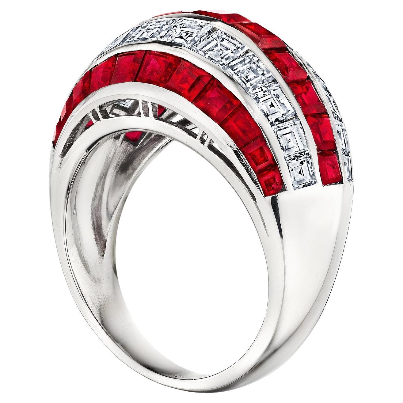 Innately stately this Raymond Yard for Oscar Heyman vintage square cut ruby and diamond platinum bombe style ring is pure grace.  Includes certificate of authenticity from Oscar Heyman.  Signed Yard.  Stamped with serial #62430.  Circa 1963. 33