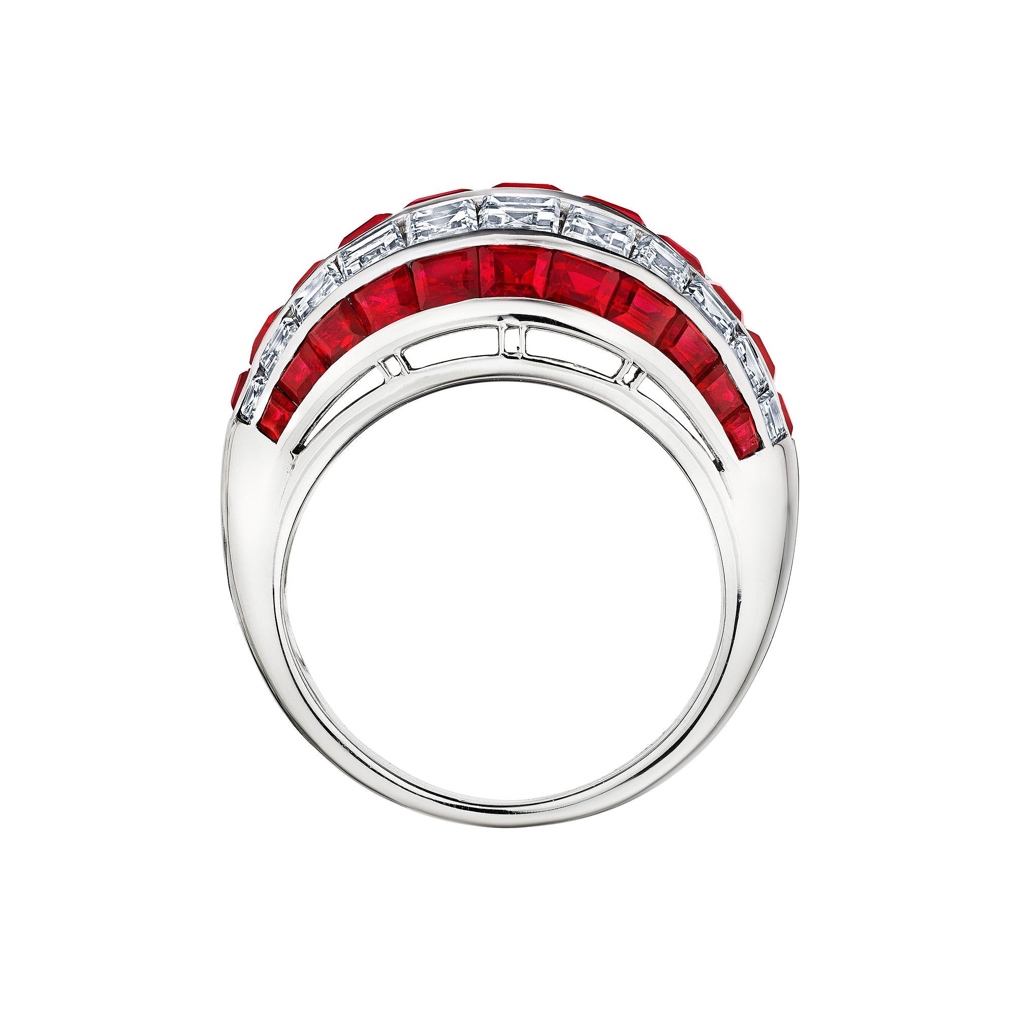Modernist Raymond Yard Oscar Heyman Vintage Square Cut Ruby Diamond Platinum Bombe Ring For Sale