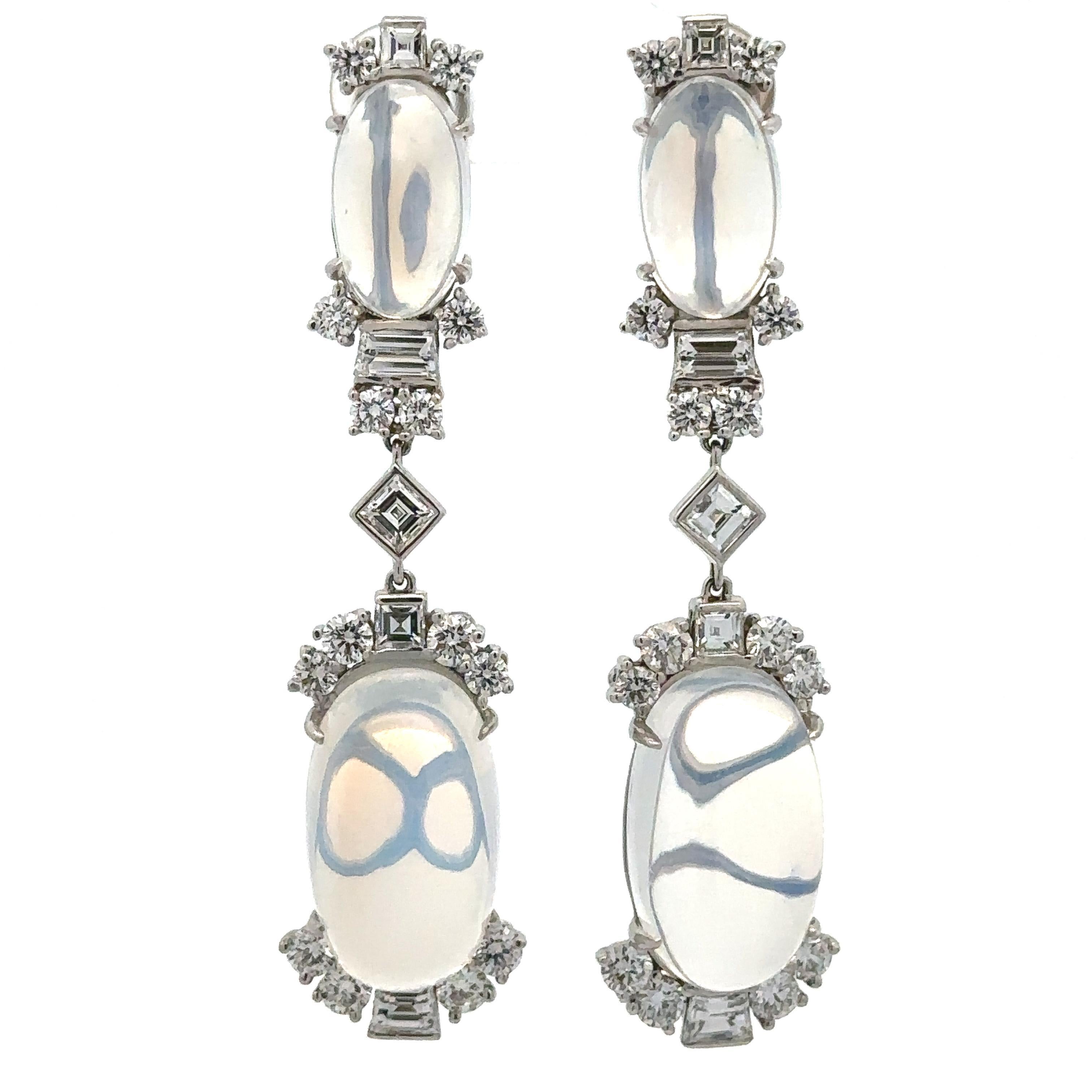 Raymond Yard Platinum & Gold Blue Moonstone 3.40ctw Diamond Long Dangle Earrings For Sale 9