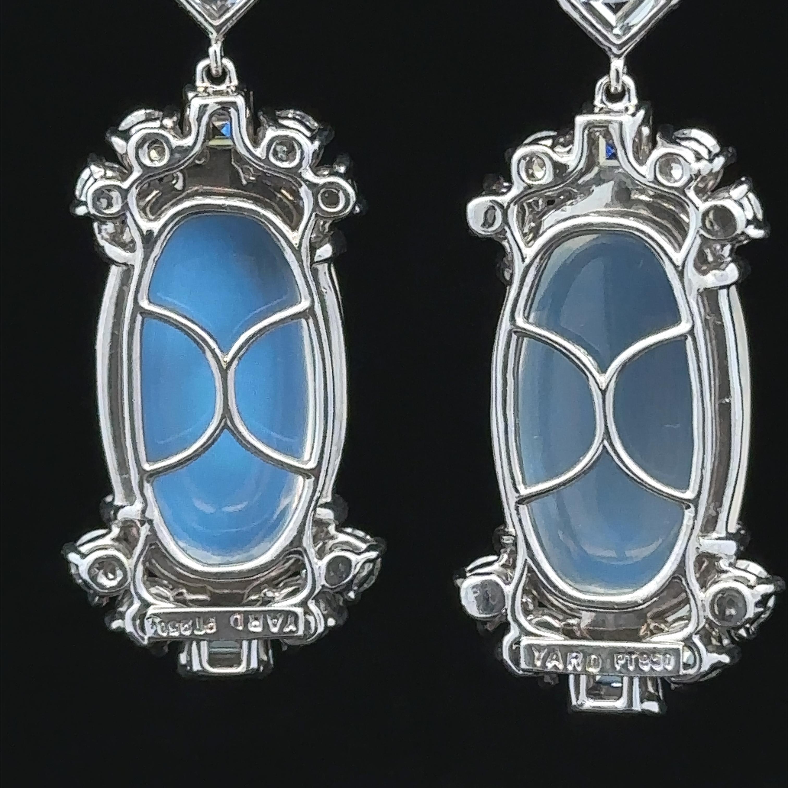 Cabochon Raymond Yard Platinum & Gold Blue Moonstone 3.40ctw Diamond Long Dangle Earrings For Sale