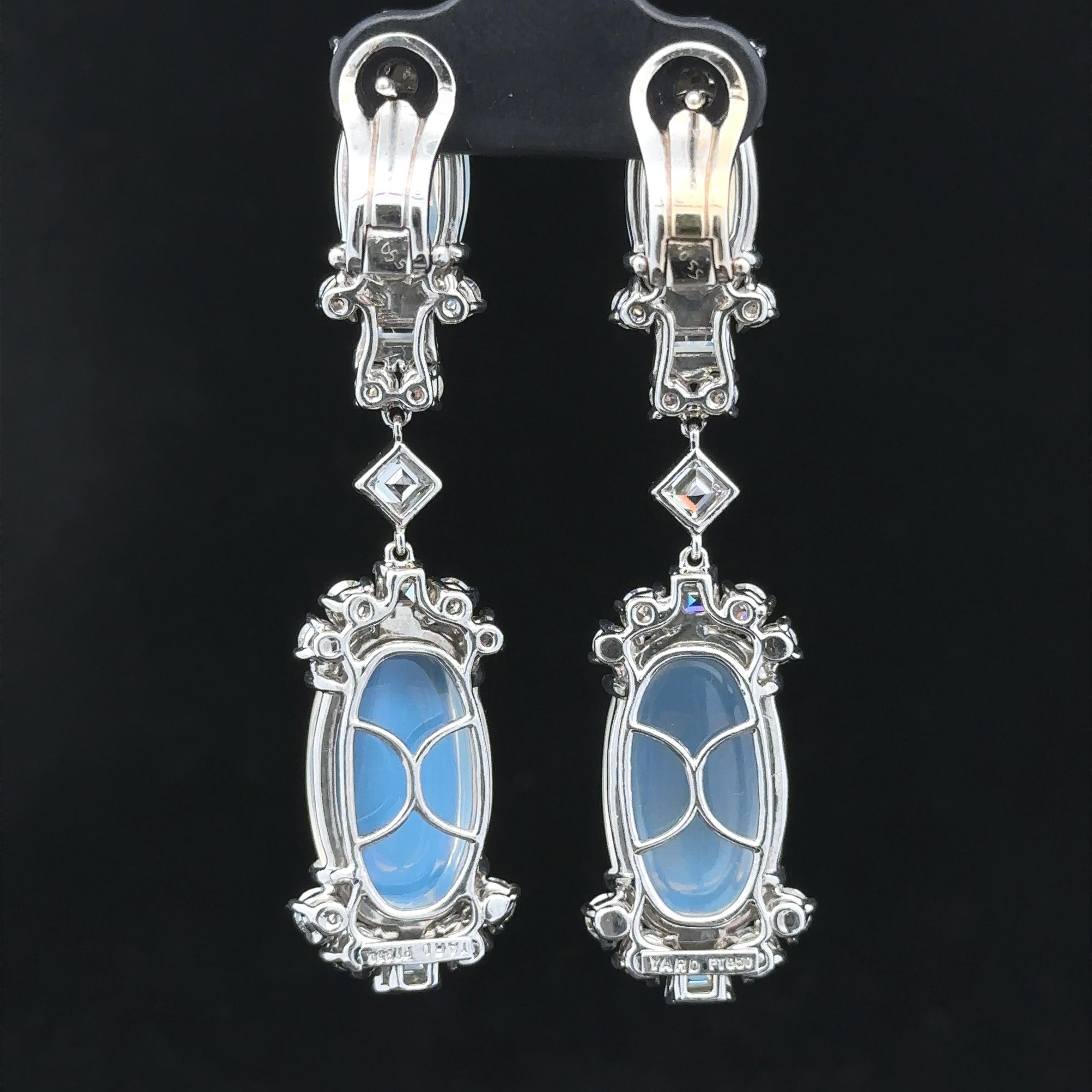 Raymond Yard Platinum & Gold Blue Moonstone 3.40ctw Diamond Long Dangle Earrings In Excellent Condition For Sale In Montclair, NJ