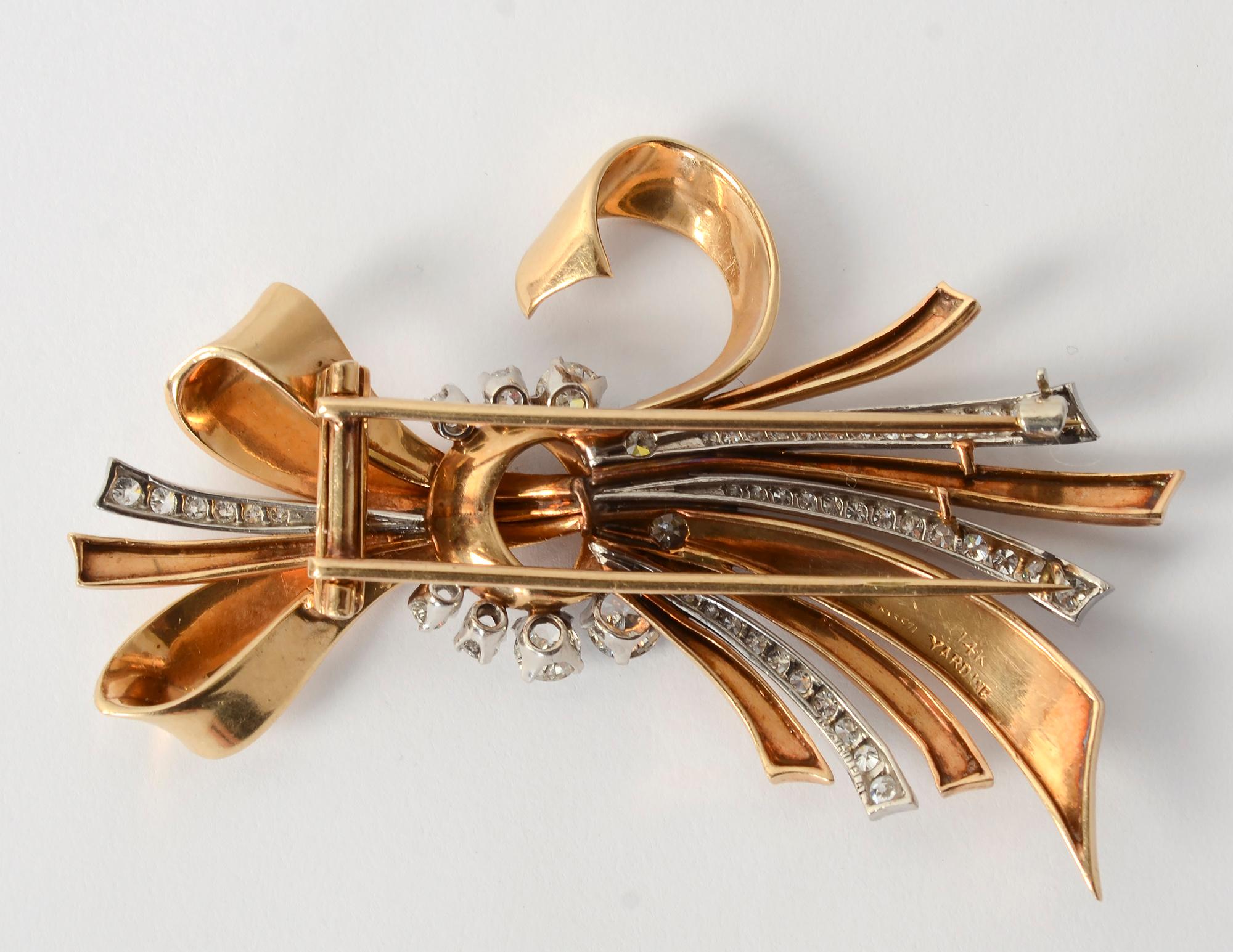 Old Mine Cut Raymond Yard Retro Gold and Diamond Brooch For Sale